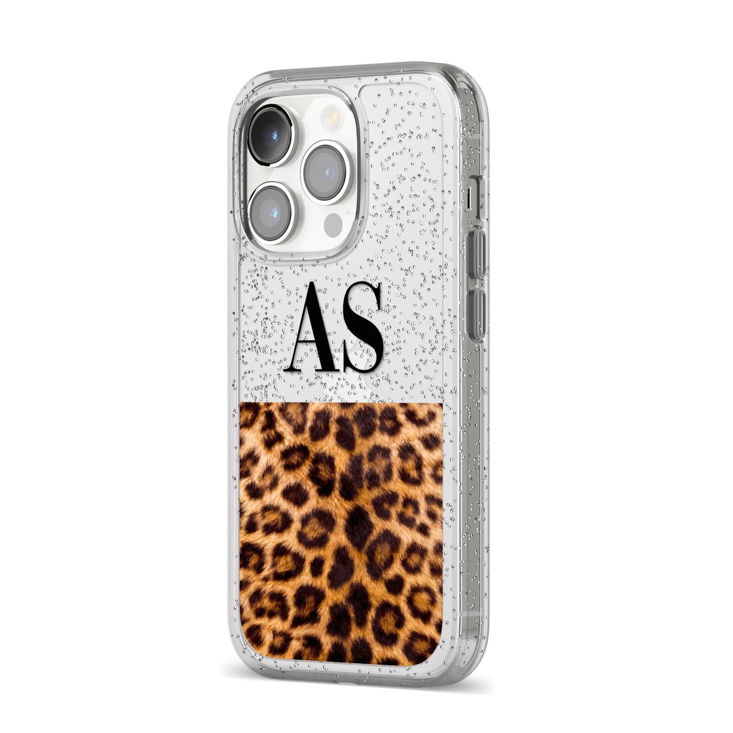 Initialled Leopard Print iPhone 14 Pro Glitter Tough Case Silver Angled Image