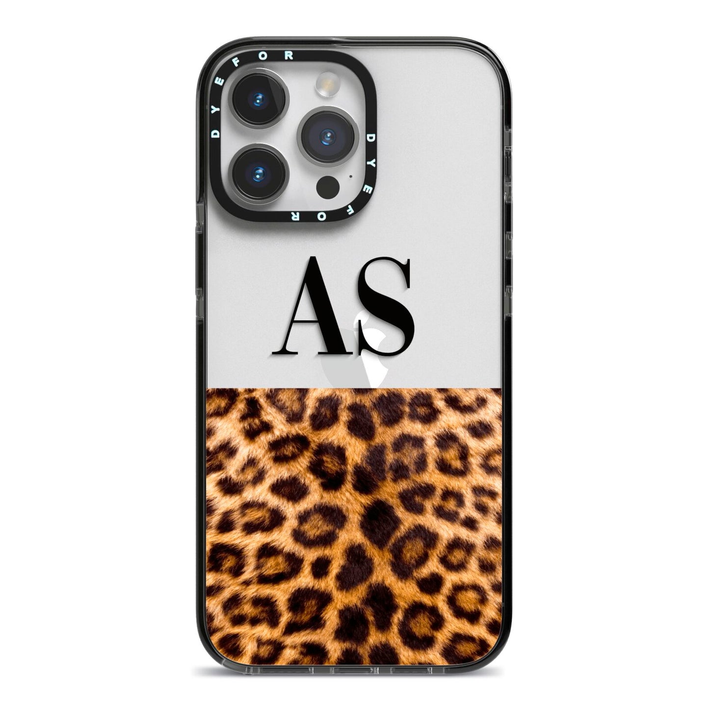 Initialled Leopard Print iPhone 14 Pro Max Black Impact Case on Silver phone