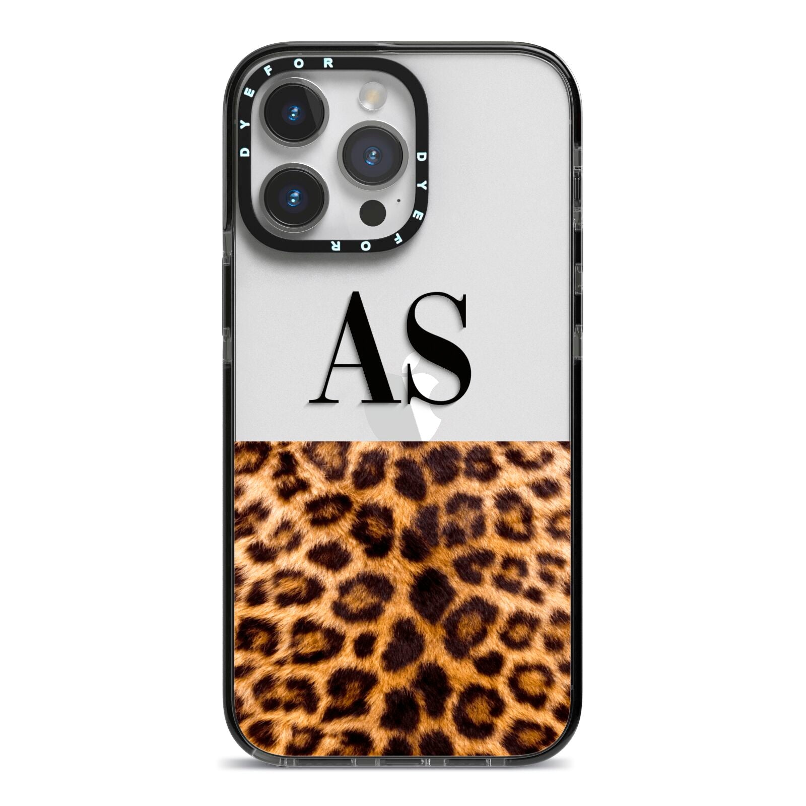 Initialled Leopard Print iPhone 14 Pro Max Black Impact Case on Silver phone