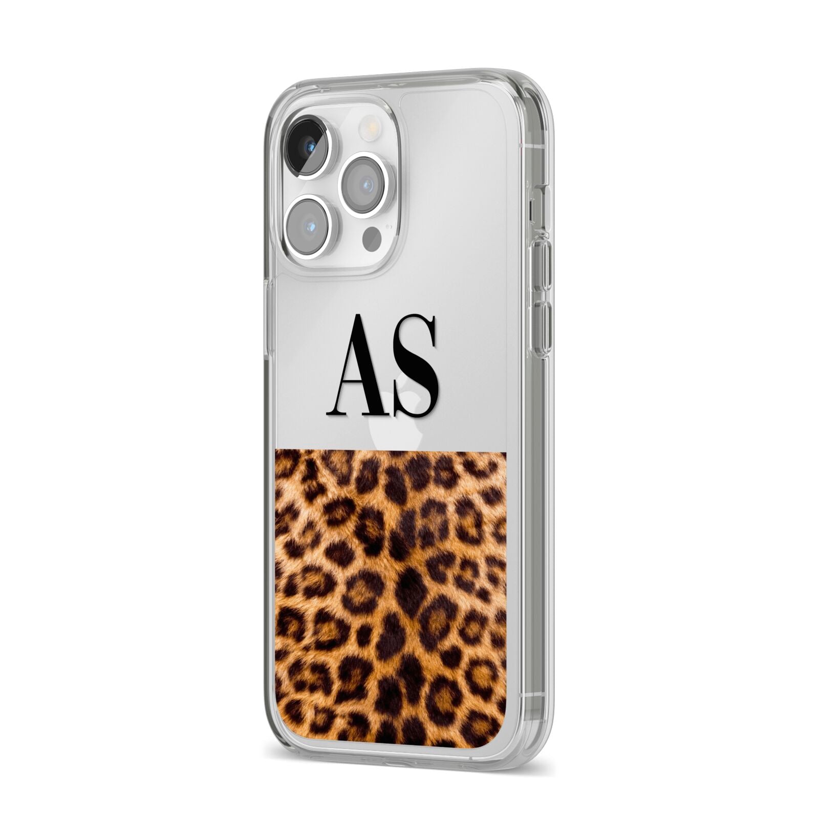 Initialled Leopard Print iPhone 14 Pro Max Clear Tough Case Silver Angled Image