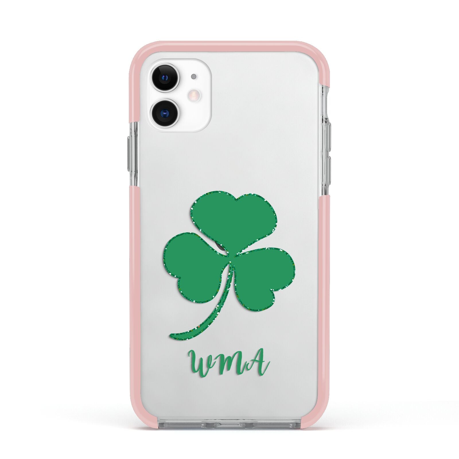 Initialled Shamrock Custom Apple iPhone 11 in White with Pink Impact Case