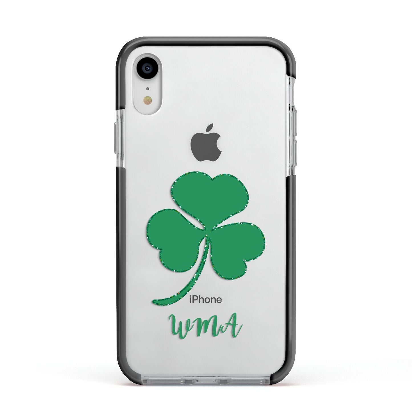 Initialled Shamrock Custom Apple iPhone XR Impact Case Black Edge on Silver Phone