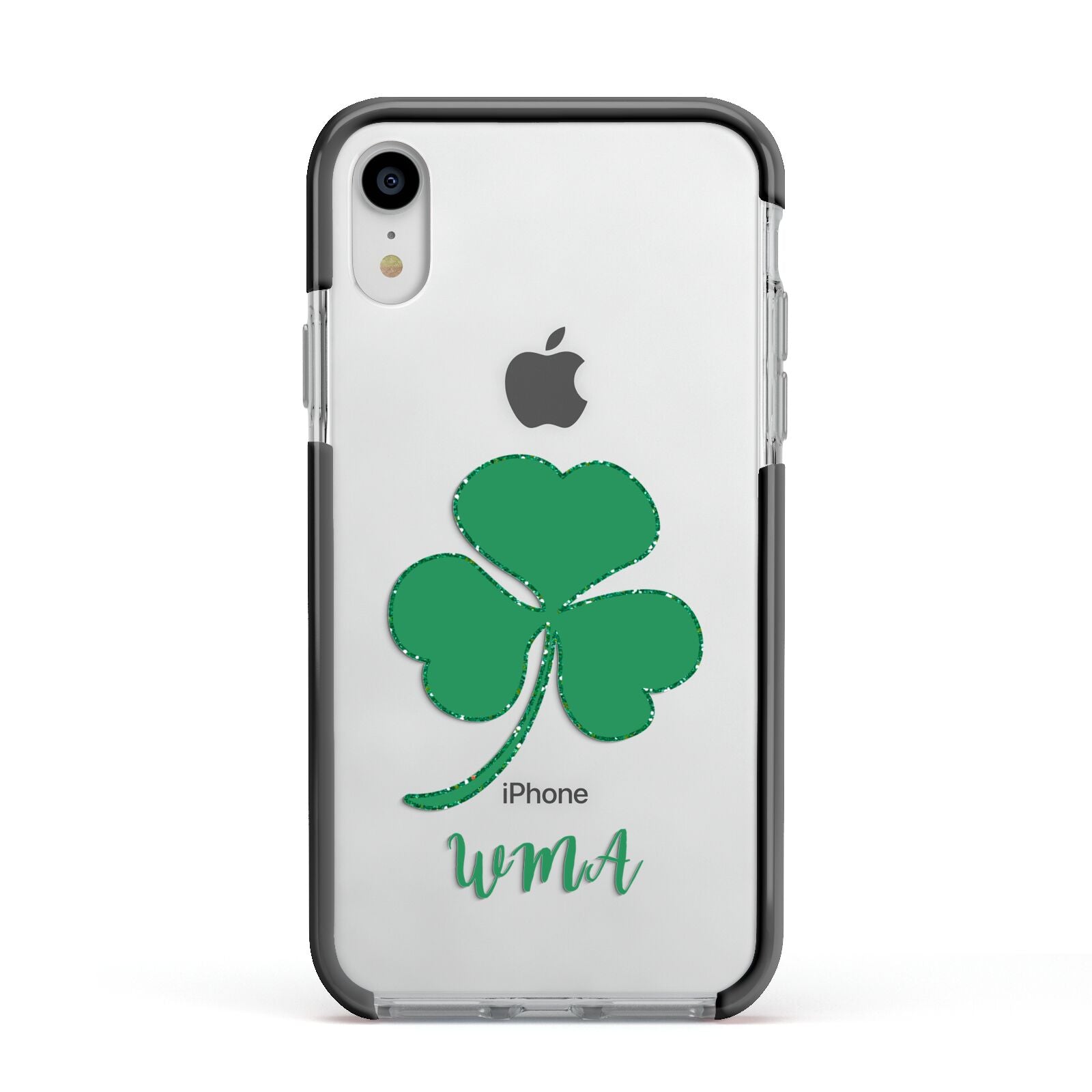 Initialled Shamrock Custom Apple iPhone XR Impact Case Black Edge on Silver Phone