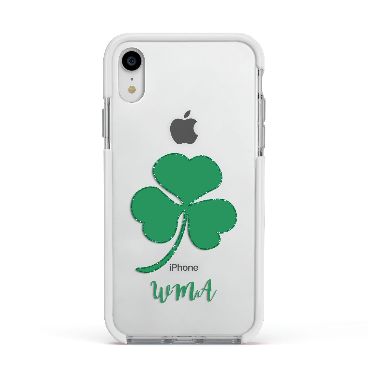 Initialled Shamrock Custom Apple iPhone XR Impact Case White Edge on Silver Phone