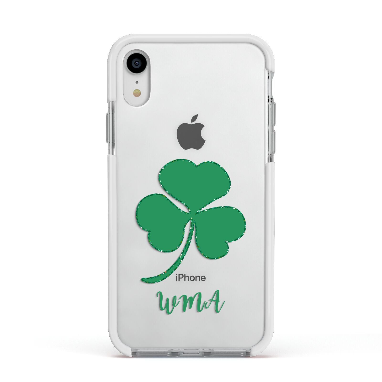 Initialled Shamrock Custom Apple iPhone XR Impact Case White Edge on Silver Phone