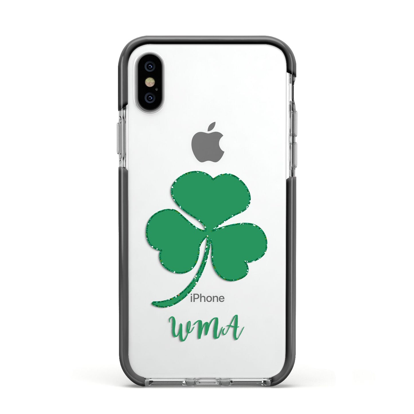 Initialled Shamrock Custom Apple iPhone Xs Impact Case Black Edge on Silver Phone