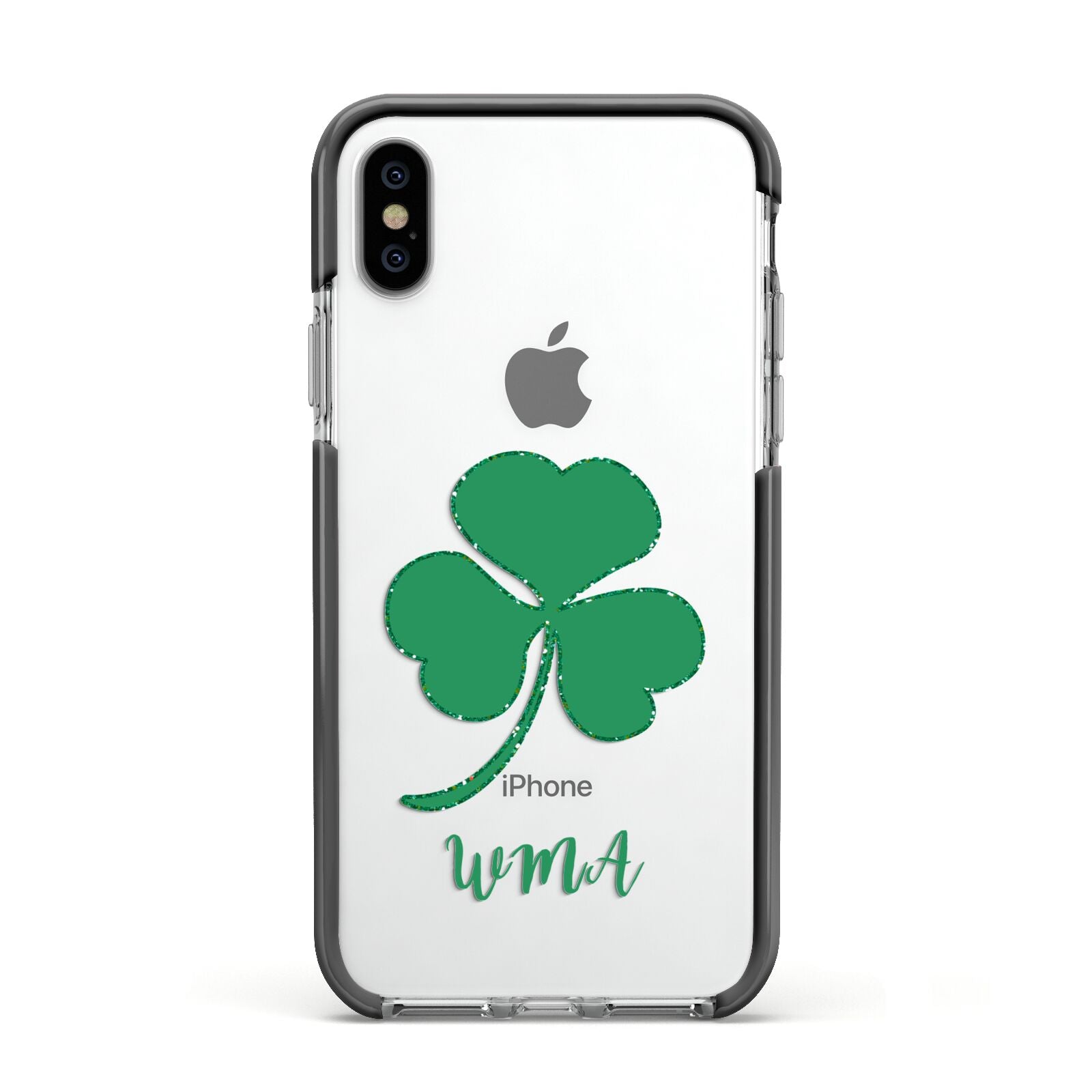 Initialled Shamrock Custom Apple iPhone Xs Impact Case Black Edge on Silver Phone