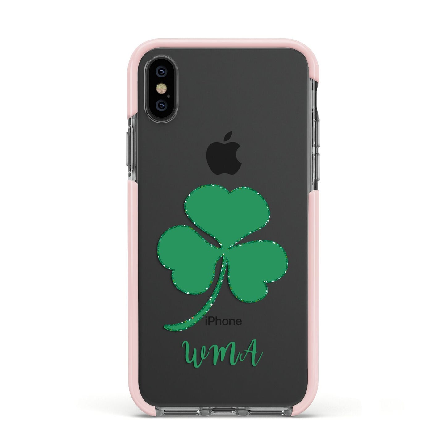 Initialled Shamrock Custom Apple iPhone Xs Impact Case Pink Edge on Black Phone