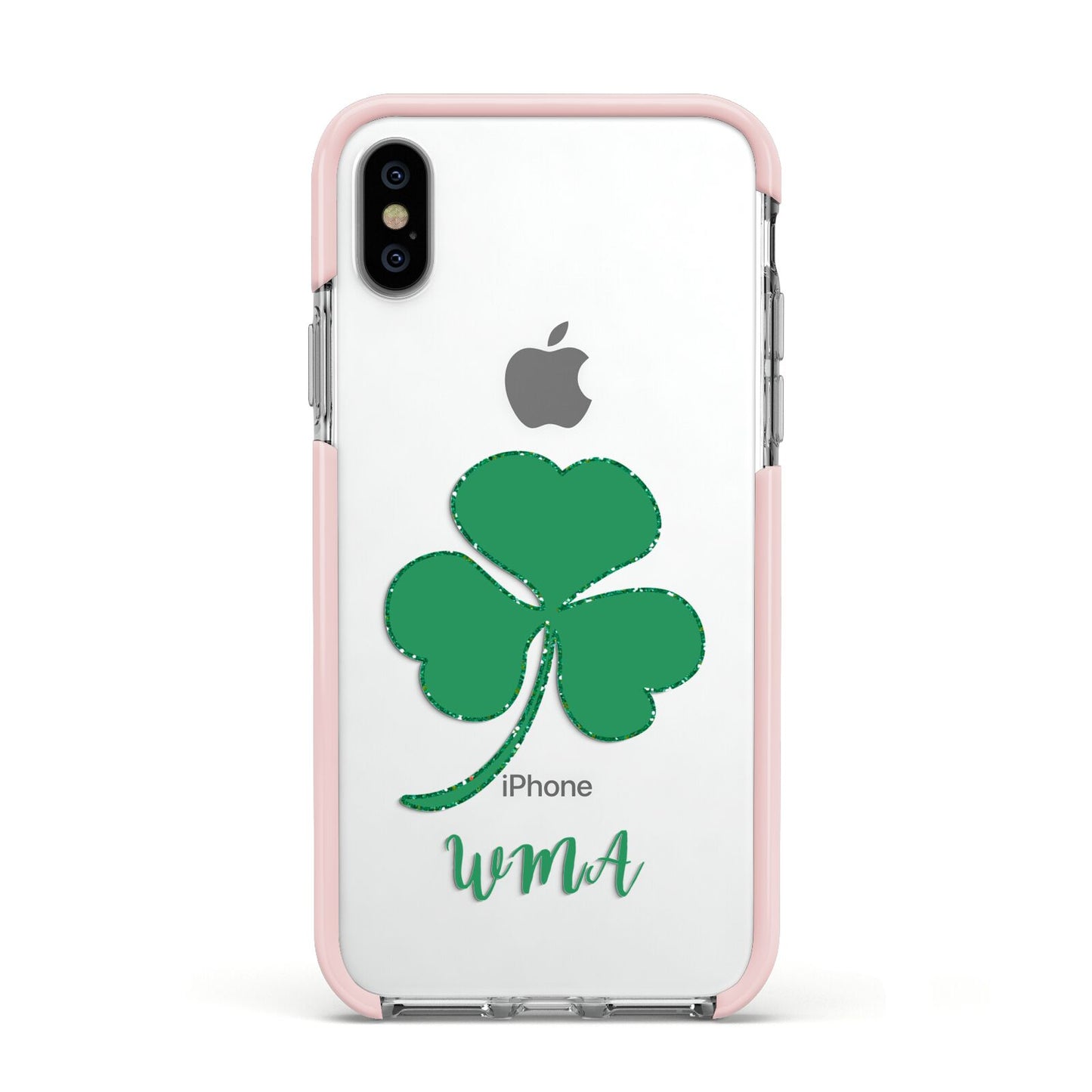 Initialled Shamrock Custom Apple iPhone Xs Impact Case Pink Edge on Silver Phone