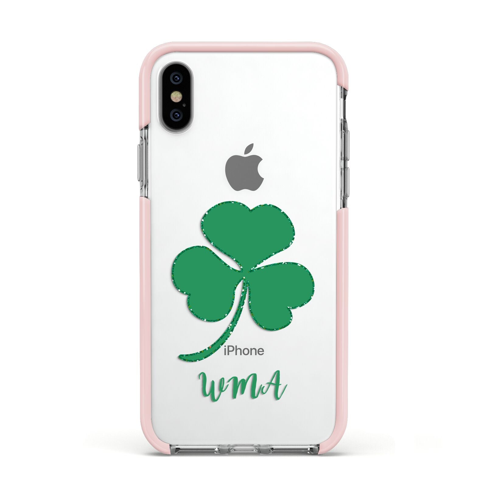 Initialled Shamrock Custom Apple iPhone Xs Impact Case Pink Edge on Silver Phone