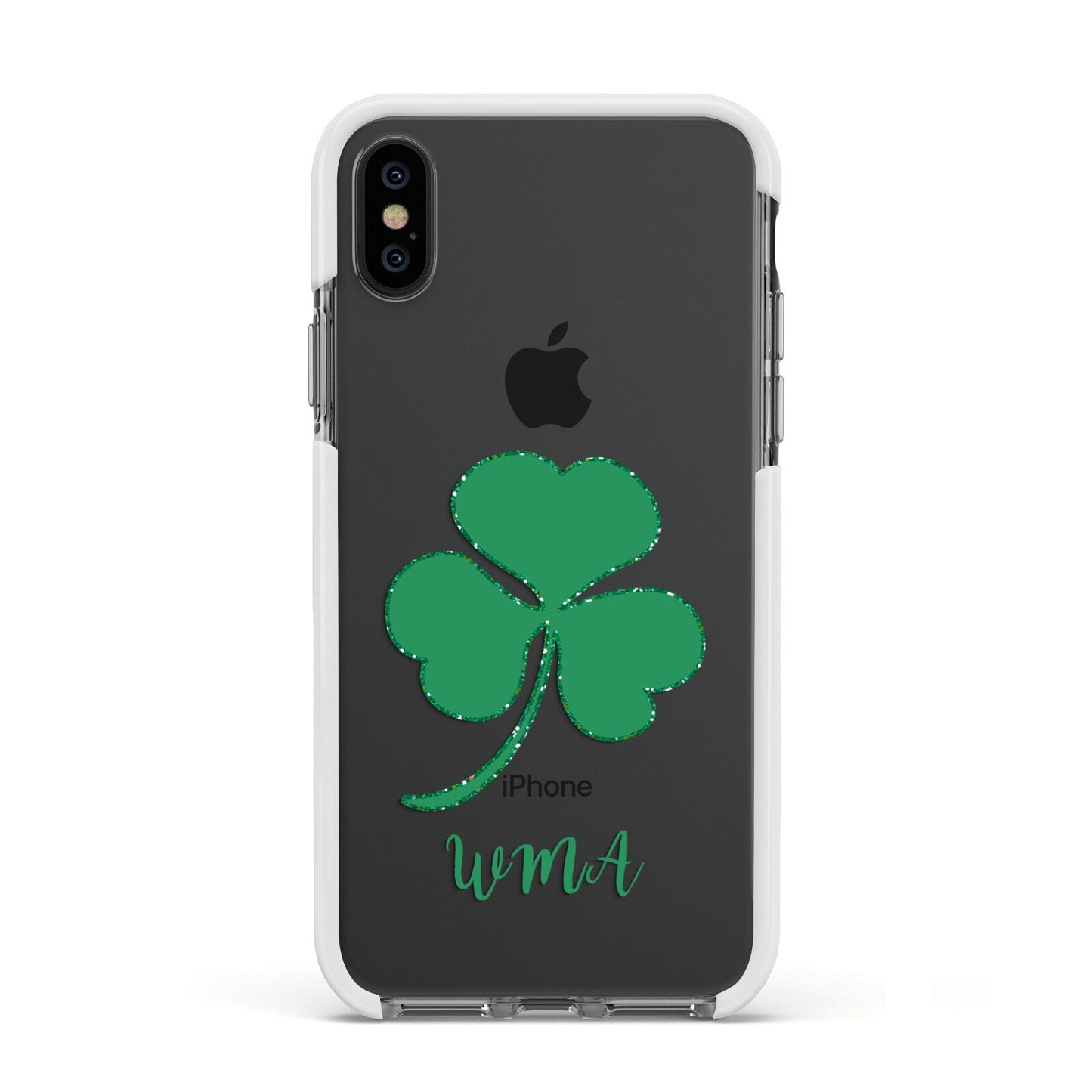 Initialled Shamrock Custom Apple iPhone Xs Impact Case White Edge on Black Phone