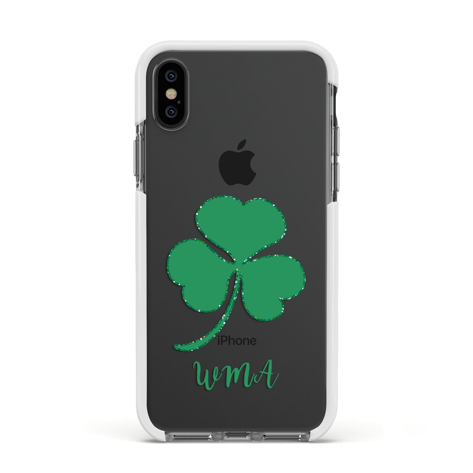 Initialled Shamrock Custom Apple iPhone Xs Impact Case White Edge on Black Phone