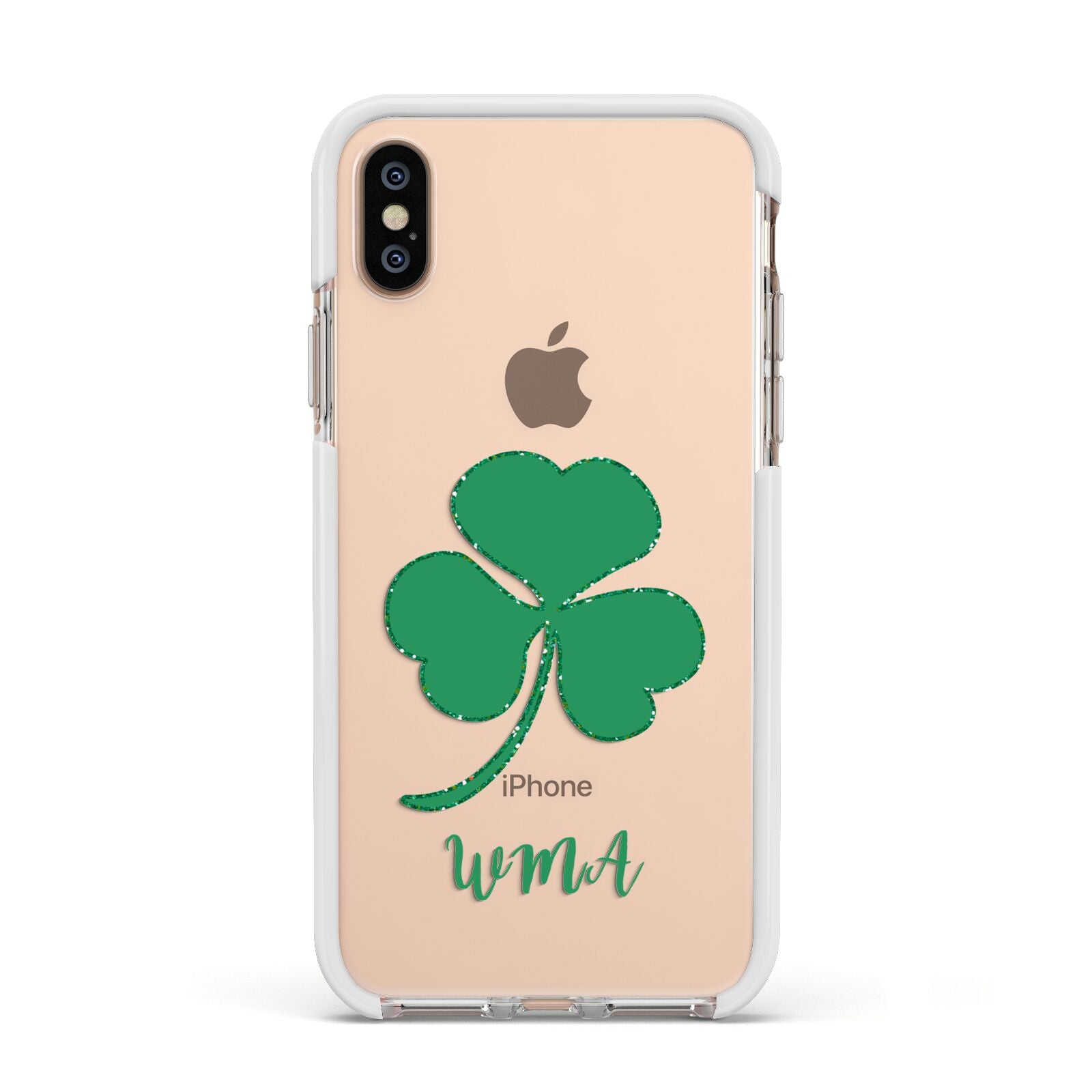 Initialled Shamrock Custom Apple iPhone Xs Impact Case White Edge on Gold Phone