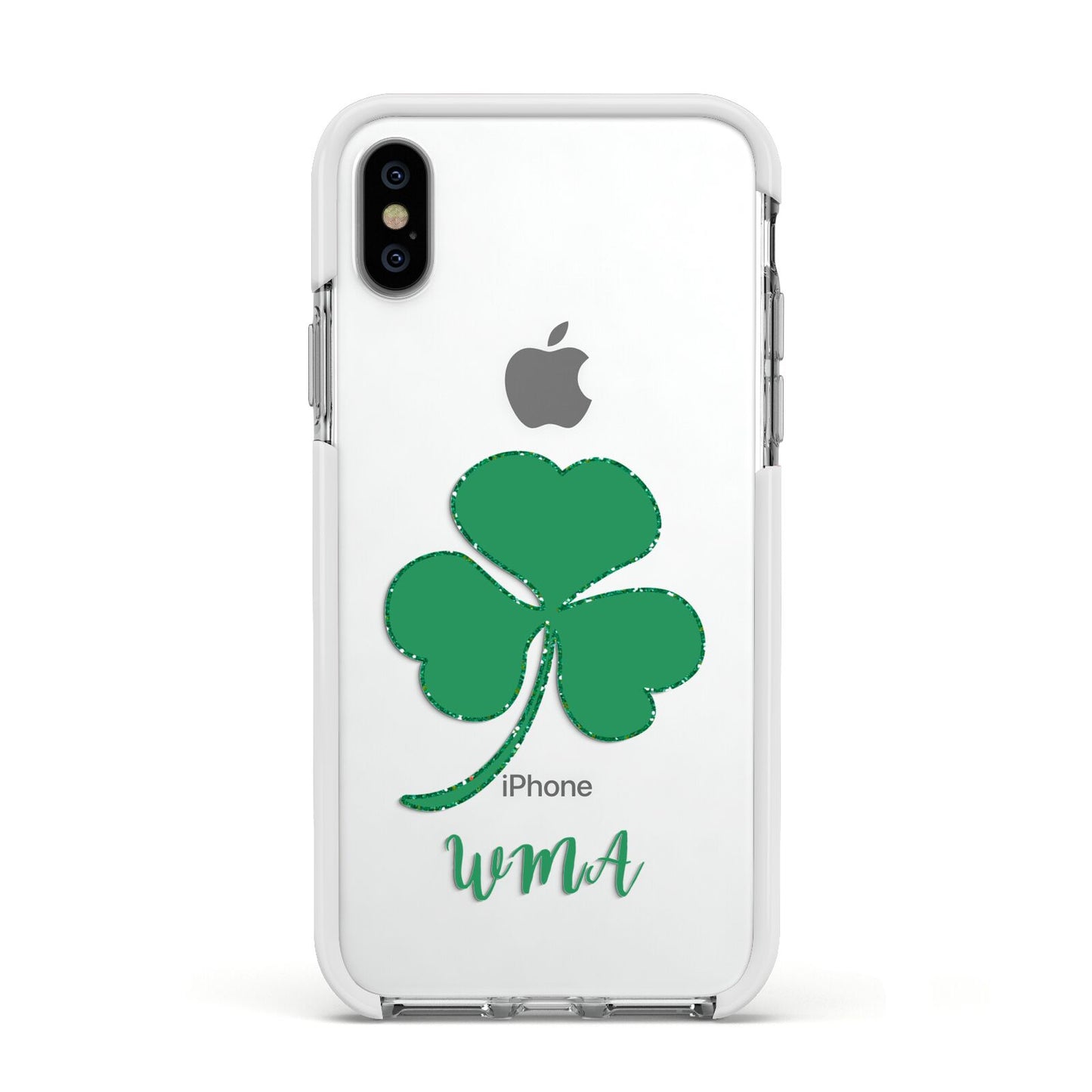 Initialled Shamrock Custom Apple iPhone Xs Impact Case White Edge on Silver Phone