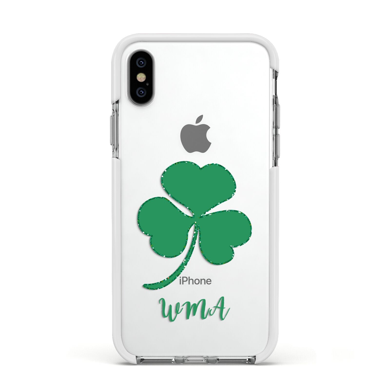 Initialled Shamrock Custom Apple iPhone Xs Impact Case White Edge on Silver Phone