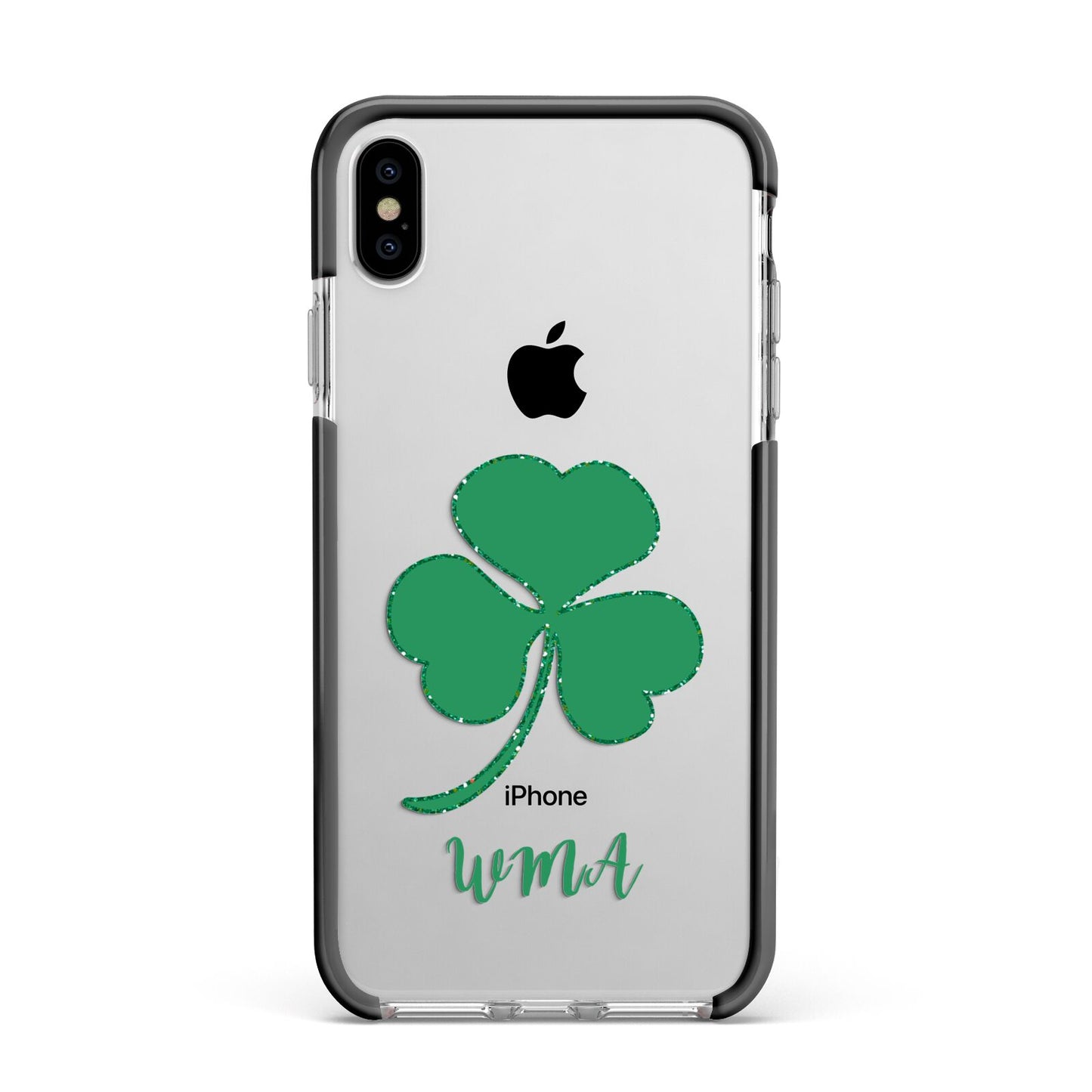 Initialled Shamrock Custom Apple iPhone Xs Max Impact Case Black Edge on Silver Phone