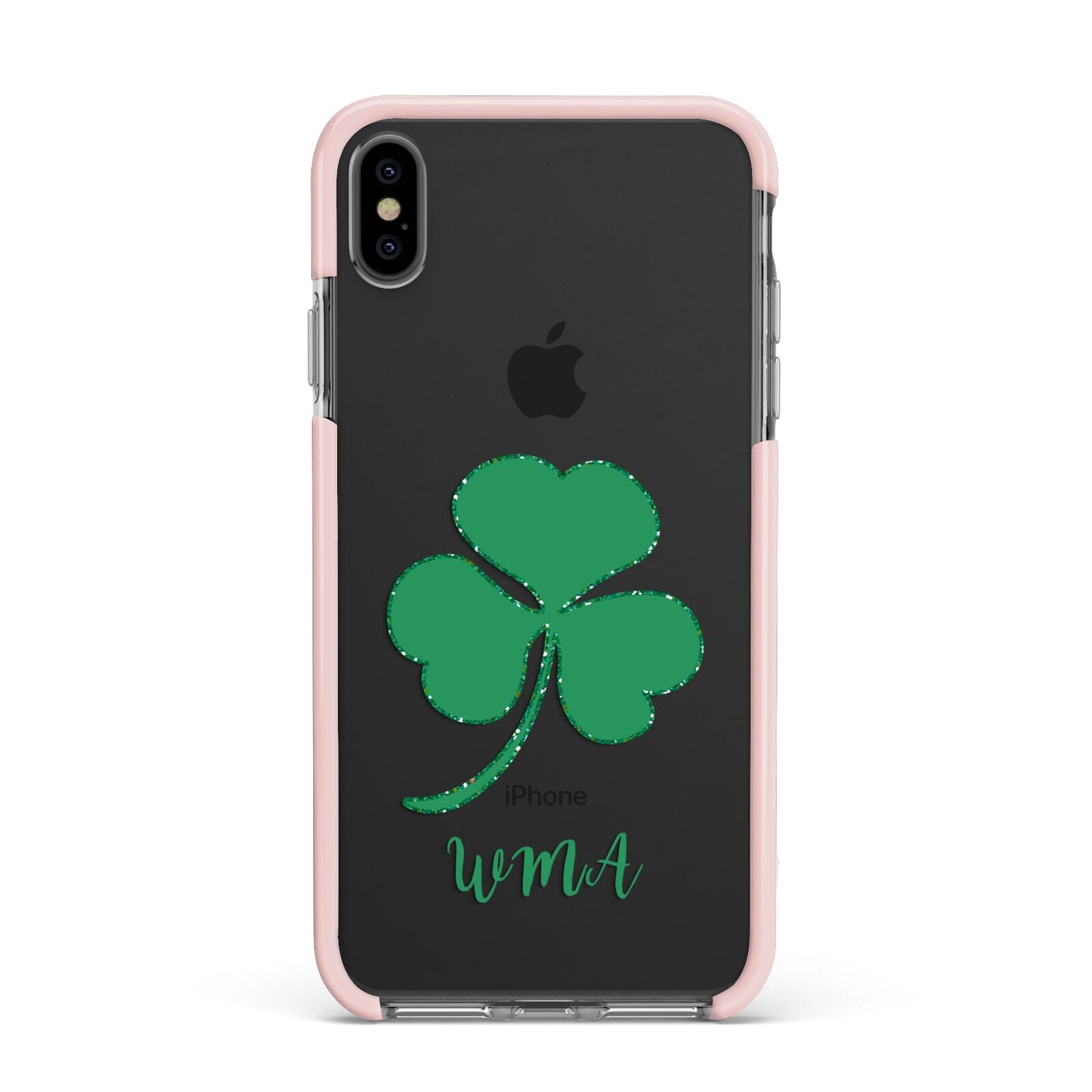 Initialled Shamrock Custom Apple iPhone Xs Max Impact Case Pink Edge on Black Phone