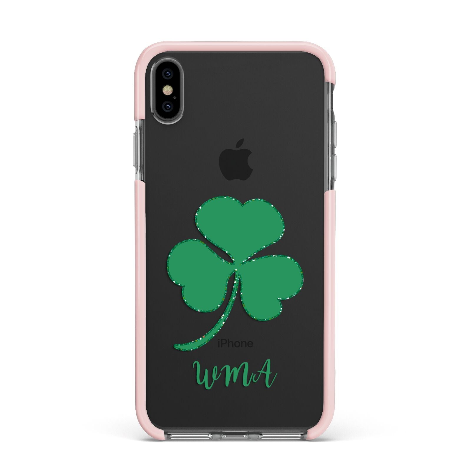 Initialled Shamrock Custom Apple iPhone Xs Max Impact Case Pink Edge on Black Phone