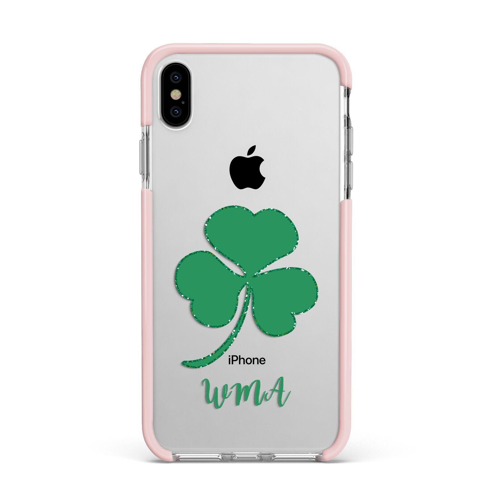 Initialled Shamrock Custom Apple iPhone Xs Max Impact Case Pink Edge on Silver Phone