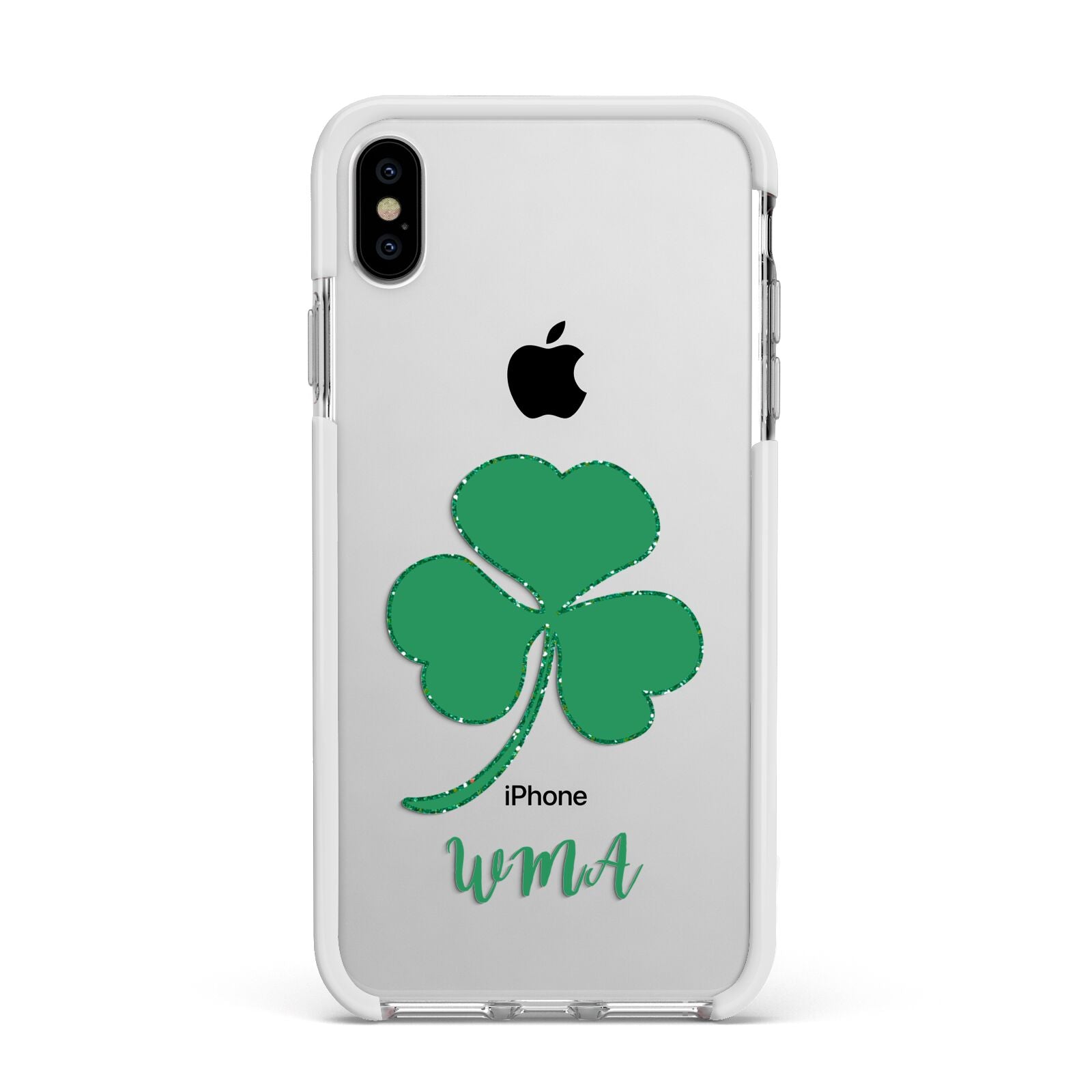 Initialled Shamrock Custom Apple iPhone Xs Max Impact Case White Edge on Silver Phone