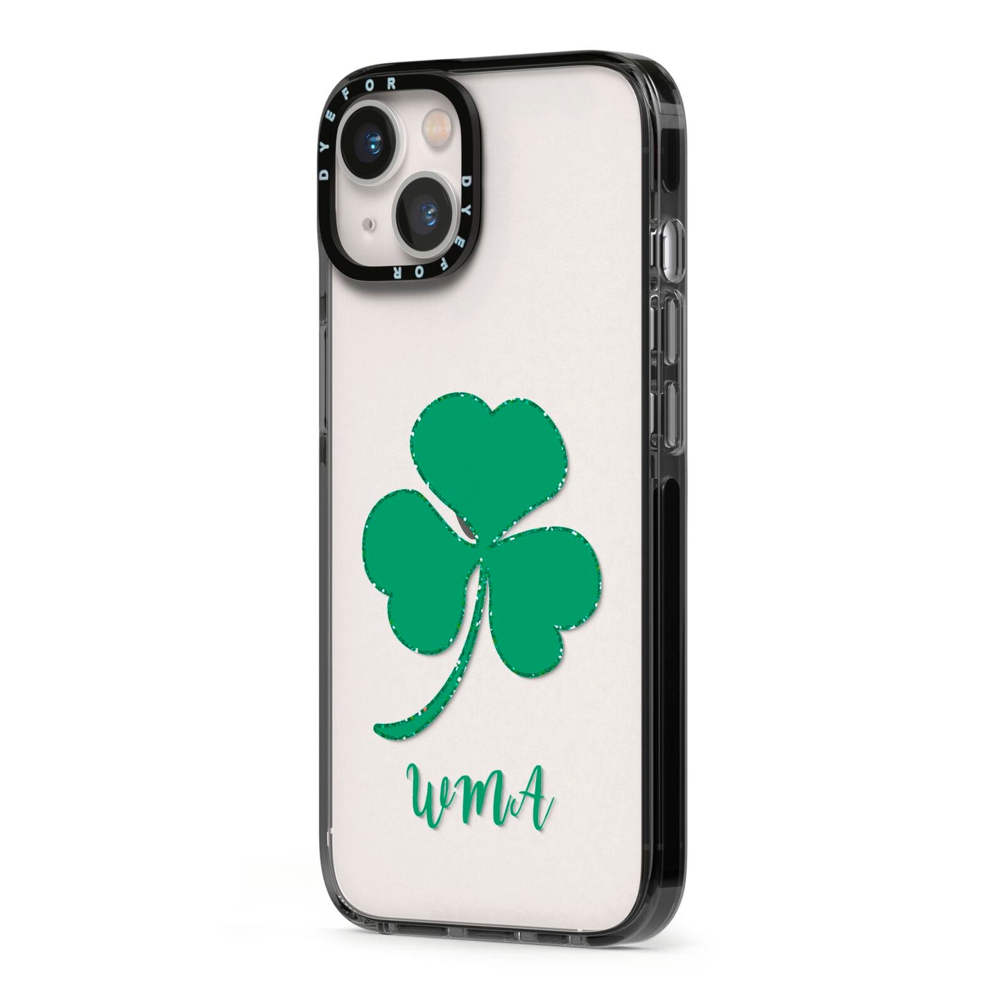 Initialled Shamrock Custom iPhone 13 Black Impact Case Side Angle on Silver phone