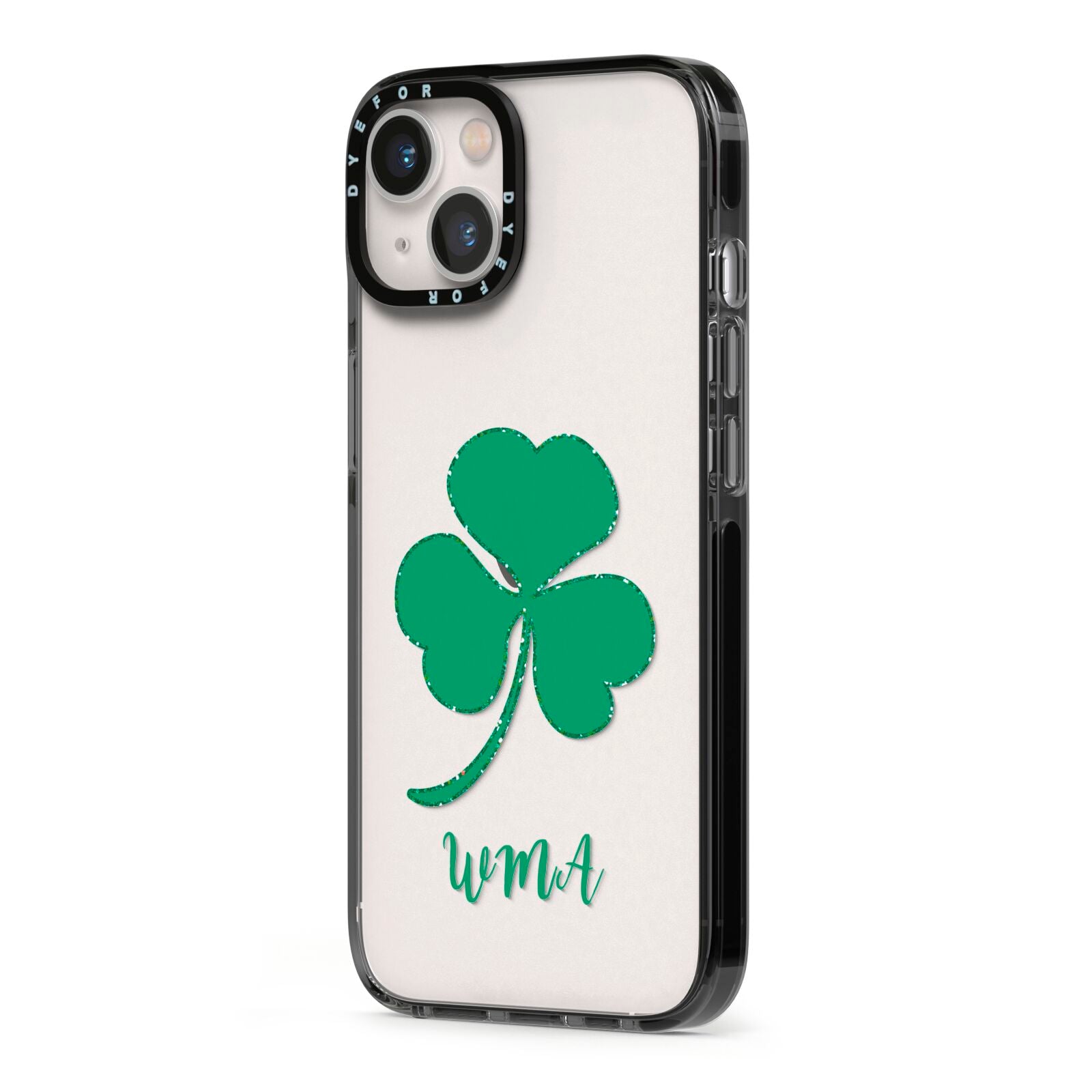 Initialled Shamrock Custom iPhone 13 Black Impact Case Side Angle on Silver phone