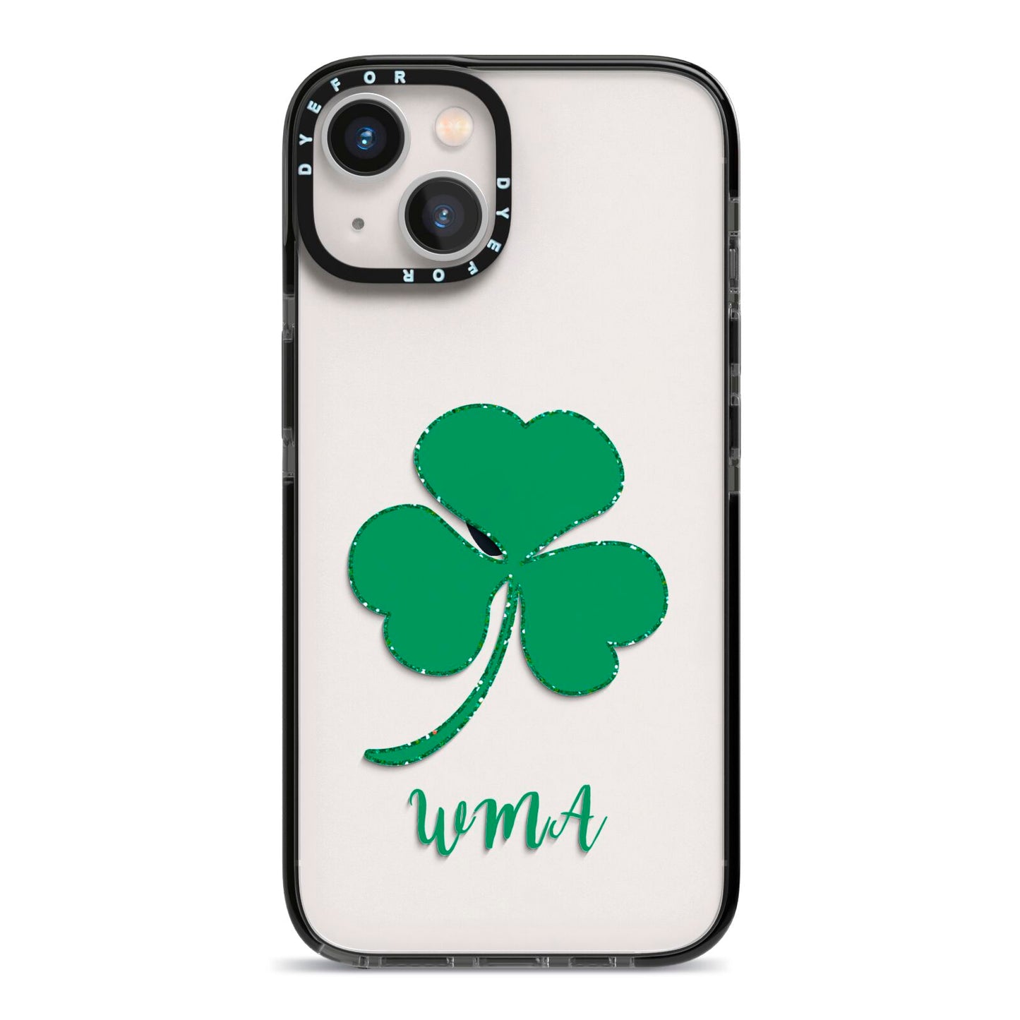 Initialled Shamrock Custom iPhone 13 Black Impact Case on Silver phone