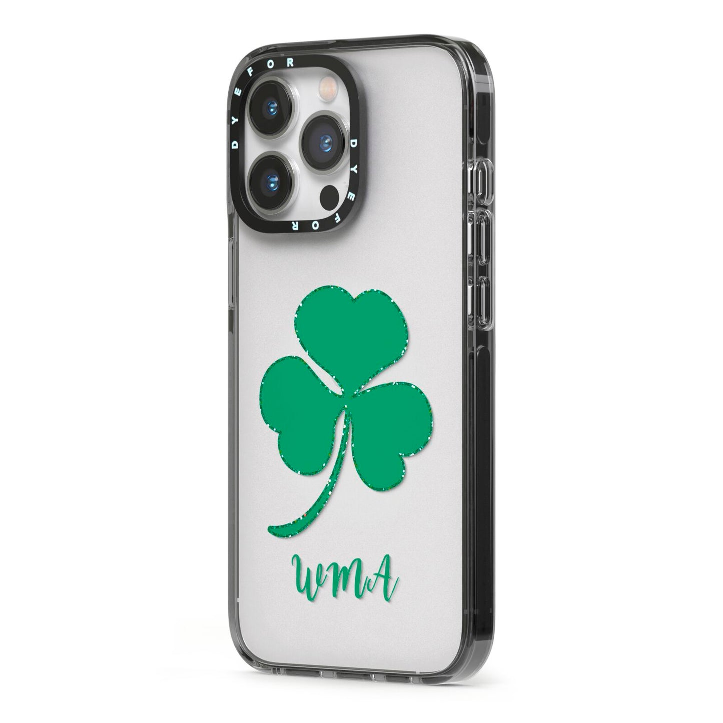 Initialled Shamrock Custom iPhone 13 Pro Black Impact Case Side Angle on Silver phone