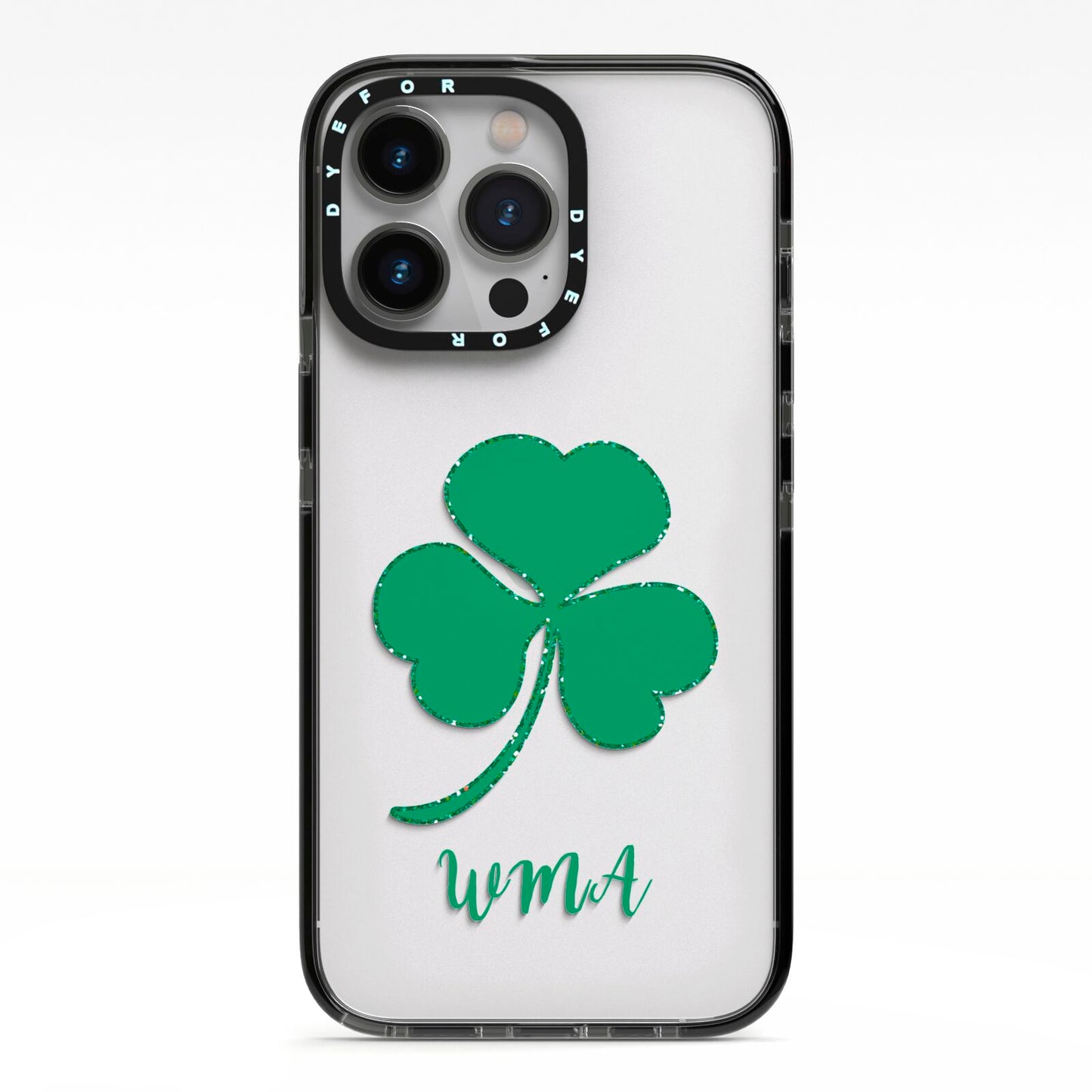 Initialled Shamrock Custom iPhone 13 Pro Black Impact Case on Silver phone