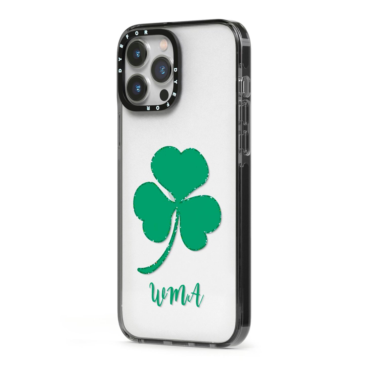 Initialled Shamrock Custom iPhone 13 Pro Max Black Impact Case Side Angle on Silver phone