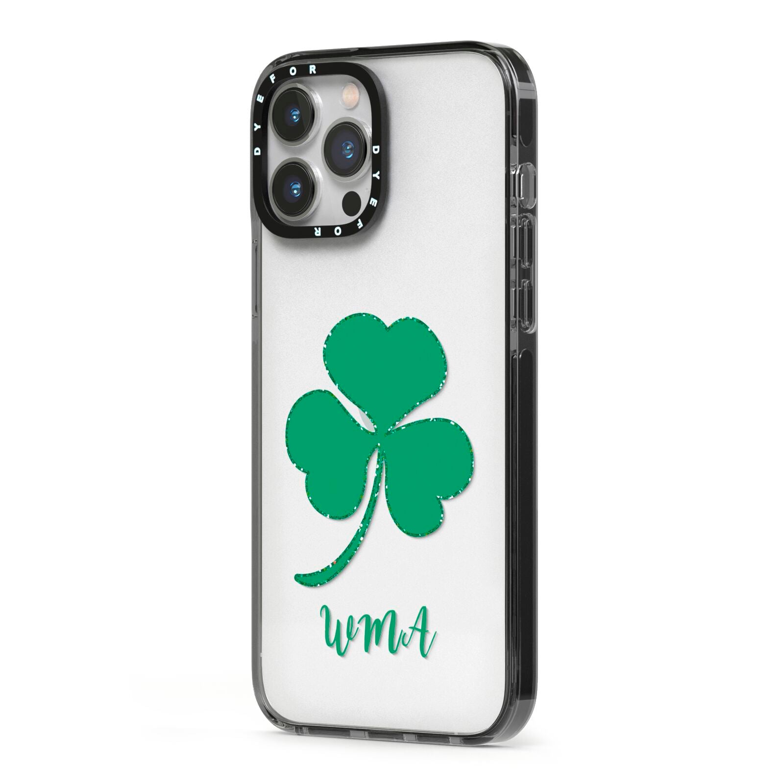 Initialled Shamrock Custom iPhone 13 Pro Max Black Impact Case Side Angle on Silver phone
