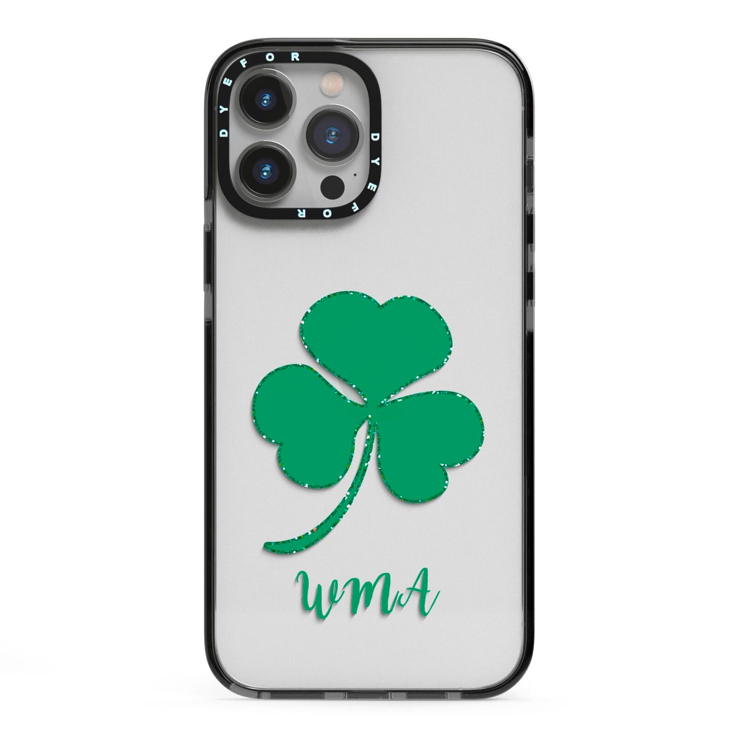 Initialled Shamrock Custom iPhone 13 Pro Max Black Impact Case on Silver phone