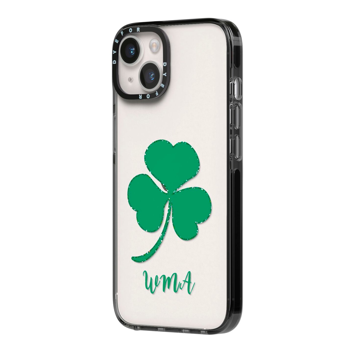 Initialled Shamrock Custom iPhone 14 Black Impact Case Side Angle on Silver phone