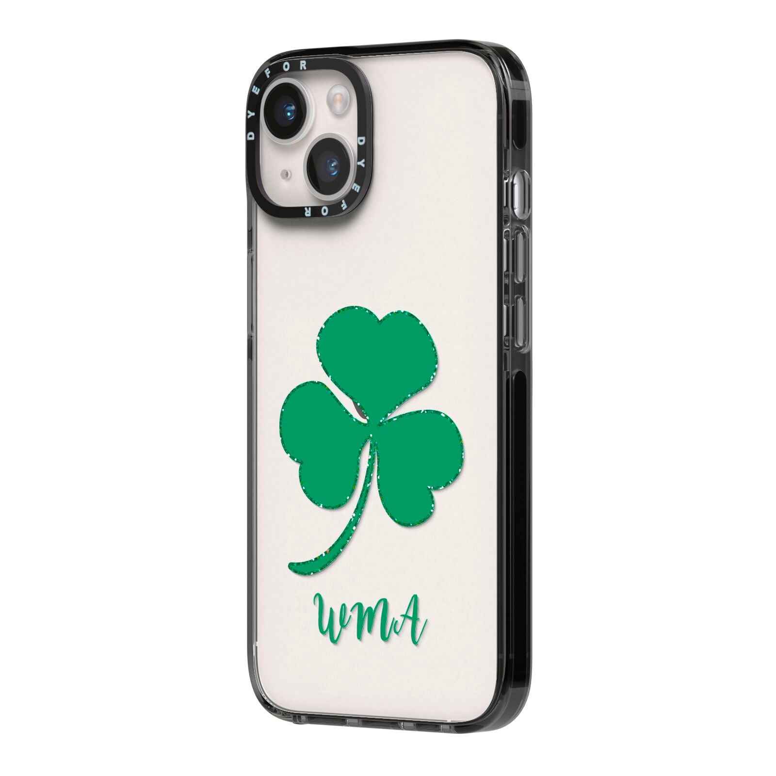Initialled Shamrock Custom iPhone 14 Black Impact Case Side Angle on Silver phone
