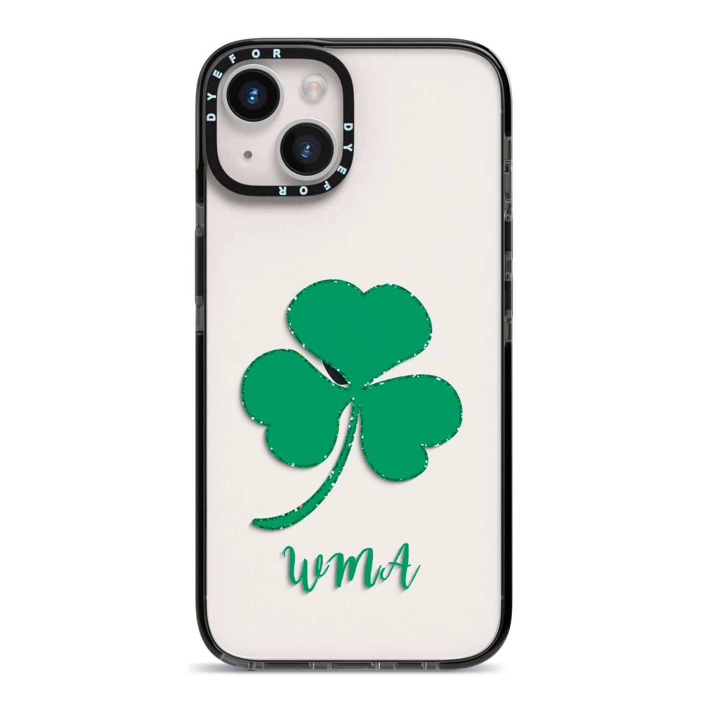 Initialled Shamrock Custom iPhone 14 Black Impact Case on Silver phone