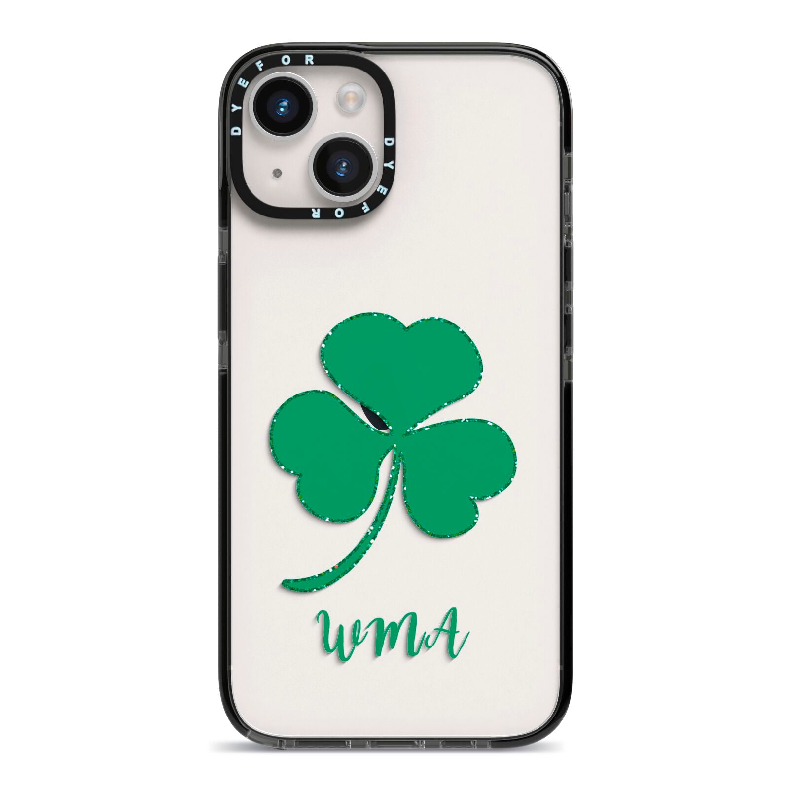 Initialled Shamrock Custom iPhone 14 Black Impact Case on Silver phone