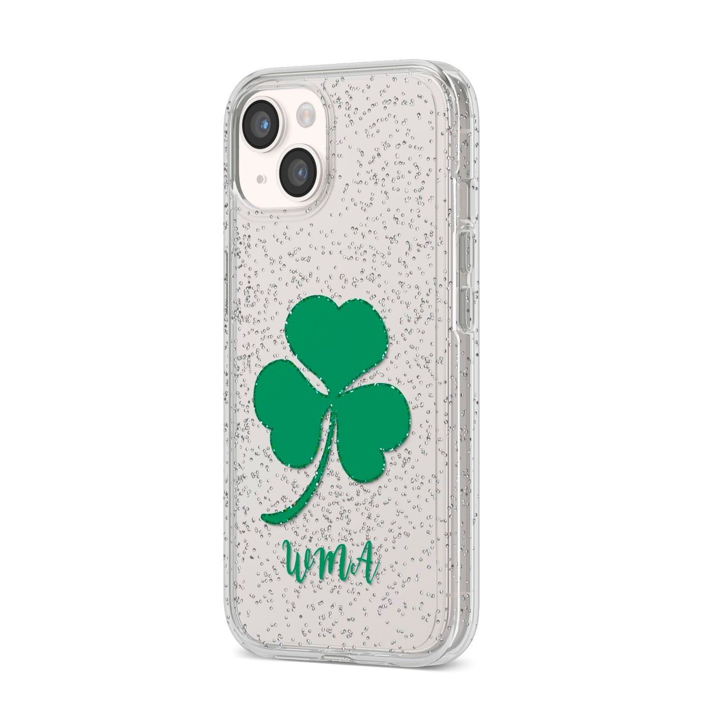 Initialled Shamrock Custom iPhone 14 Glitter Tough Case Starlight Angled Image