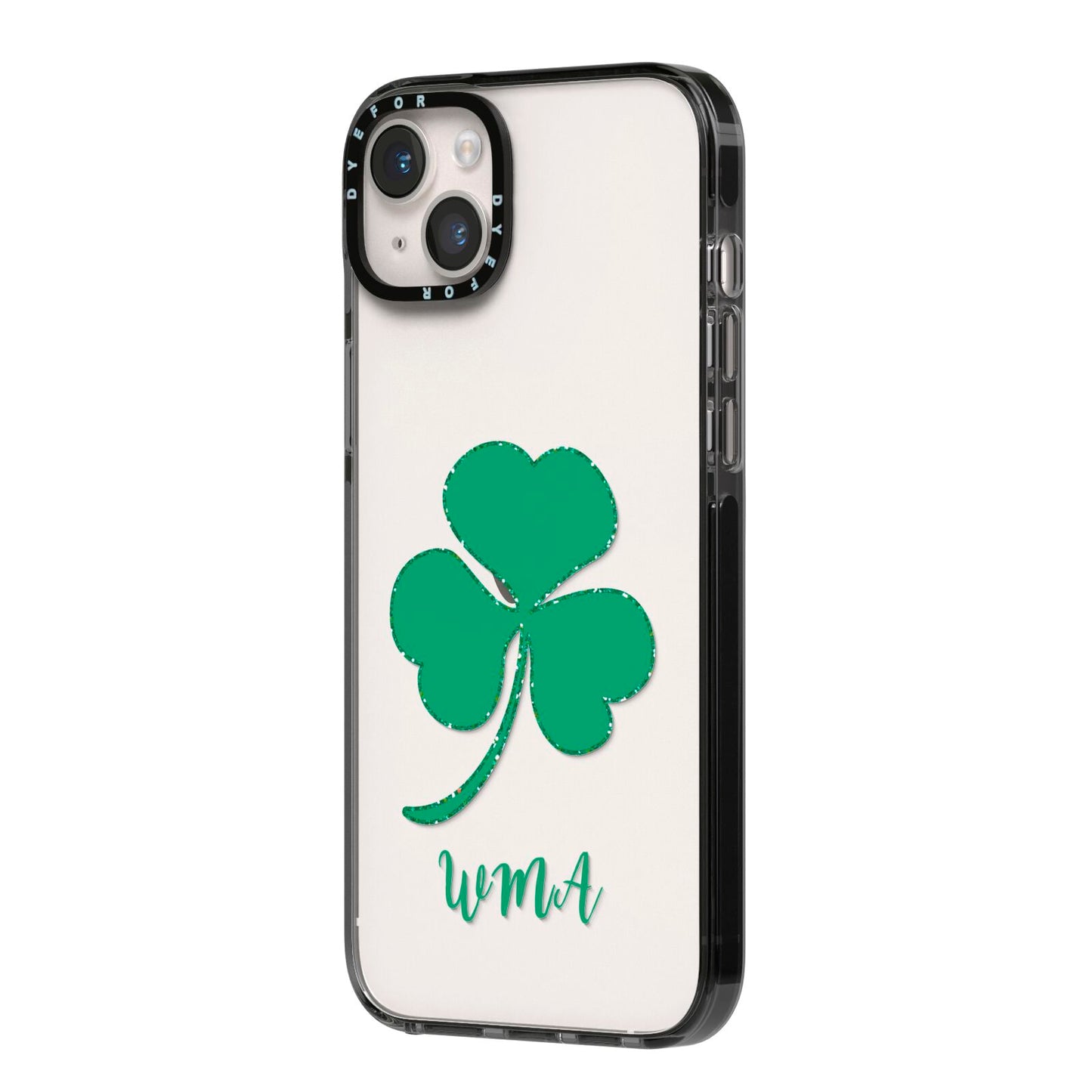 Initialled Shamrock Custom iPhone 14 Plus Black Impact Case Side Angle on Silver phone