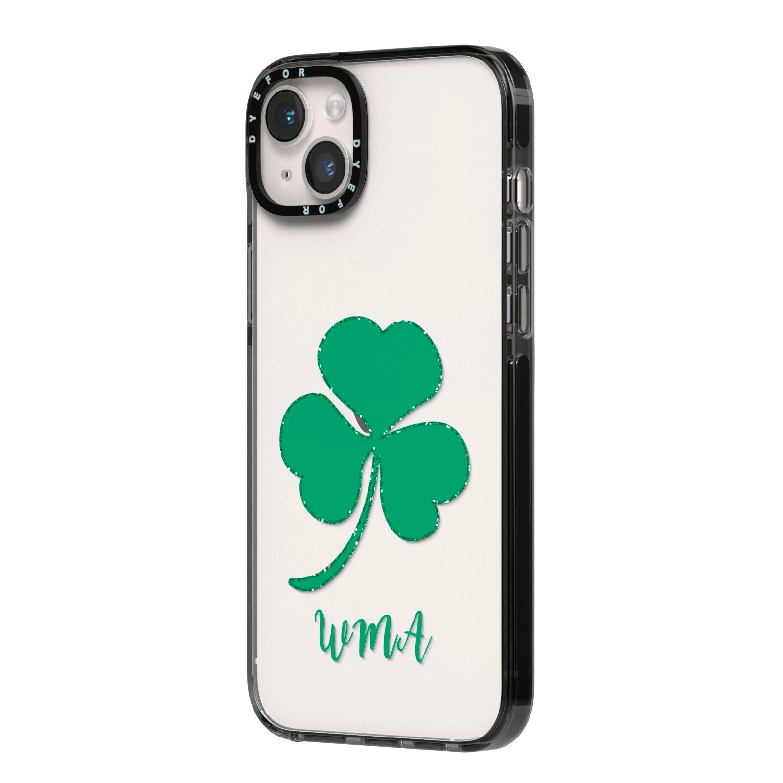 Initialled Shamrock Custom iPhone 14 Plus Black Impact Case Side Angle on Silver phone