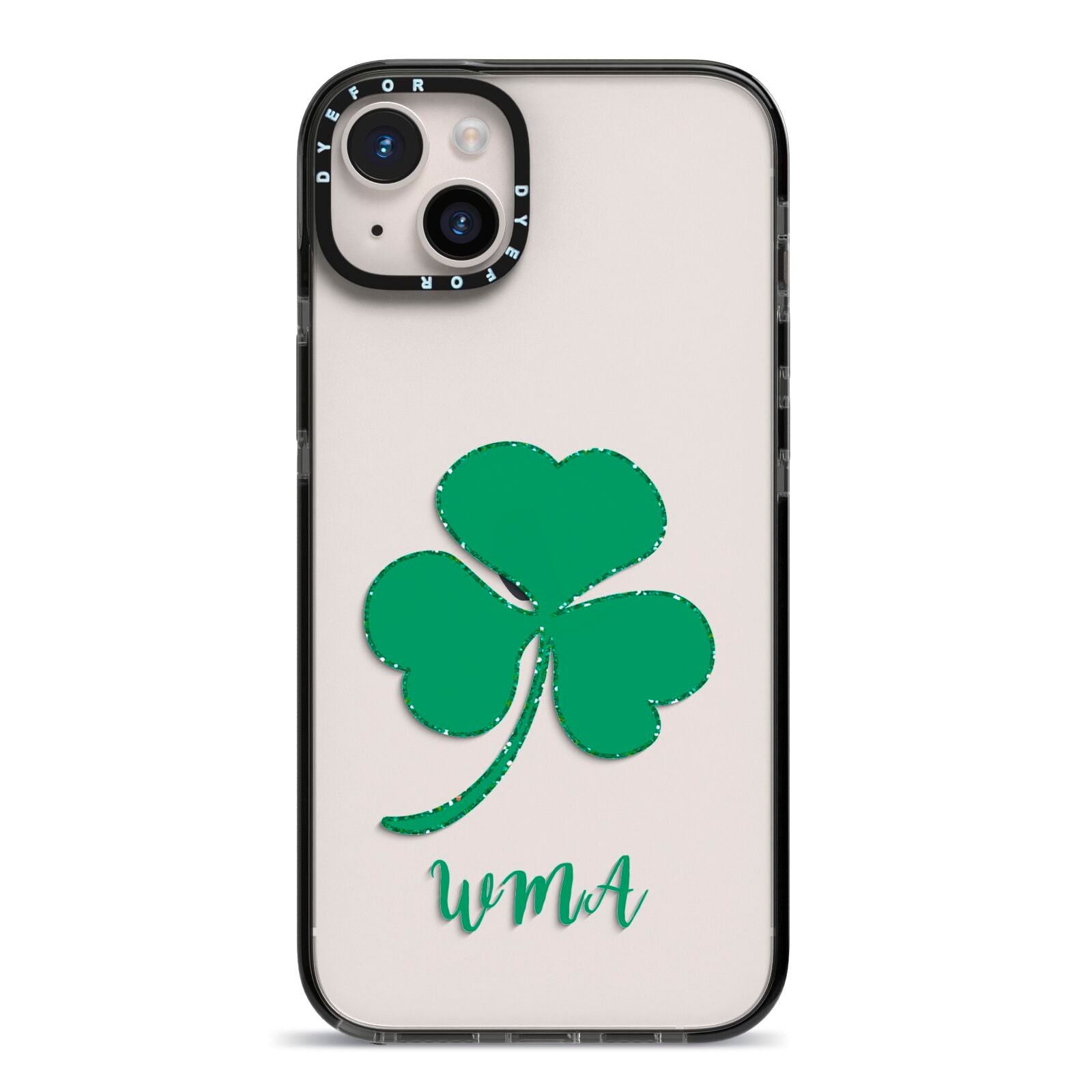 Initialled Shamrock Custom iPhone 14 Plus Black Impact Case on Silver phone