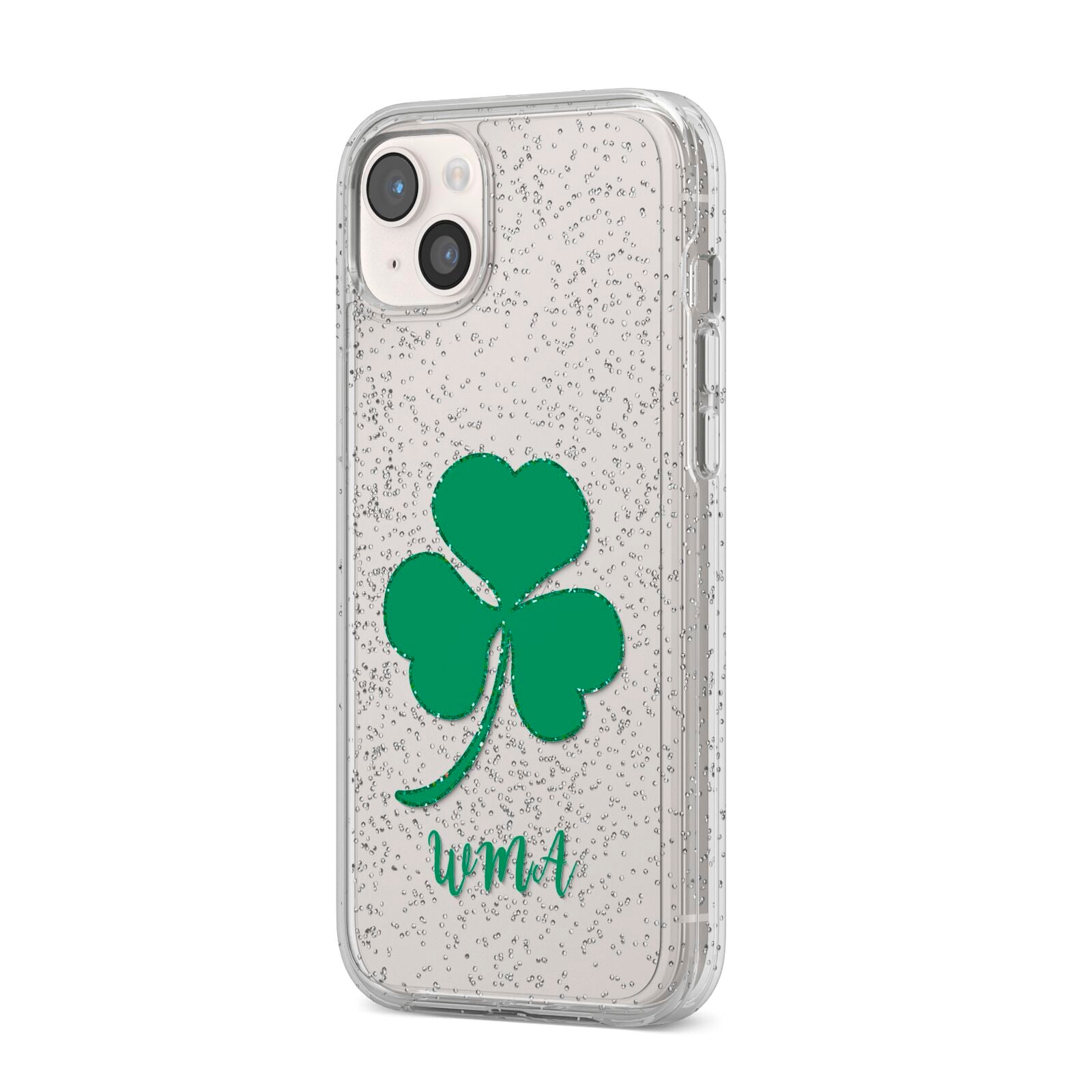 Initialled Shamrock Custom iPhone 14 Plus Glitter Tough Case Starlight Angled Image