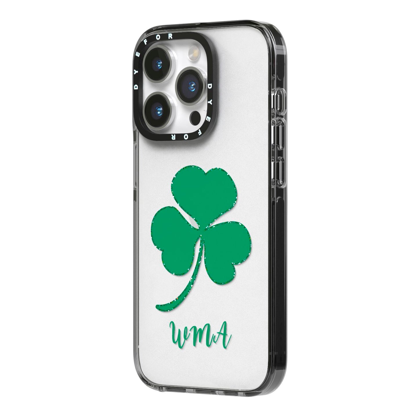 Initialled Shamrock Custom iPhone 14 Pro Black Impact Case Side Angle on Silver phone