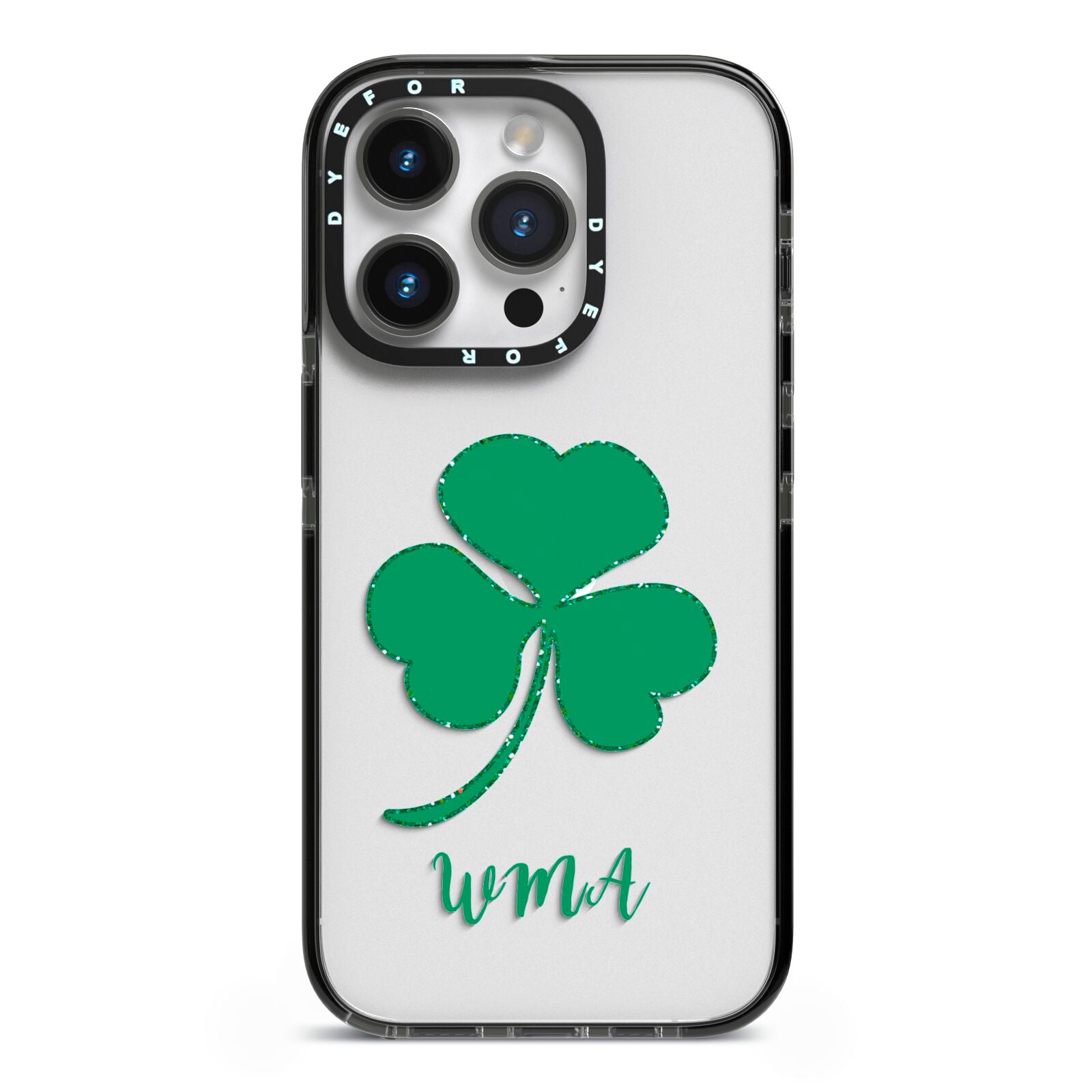 Initialled Shamrock Custom iPhone 14 Pro Black Impact Case on Silver phone