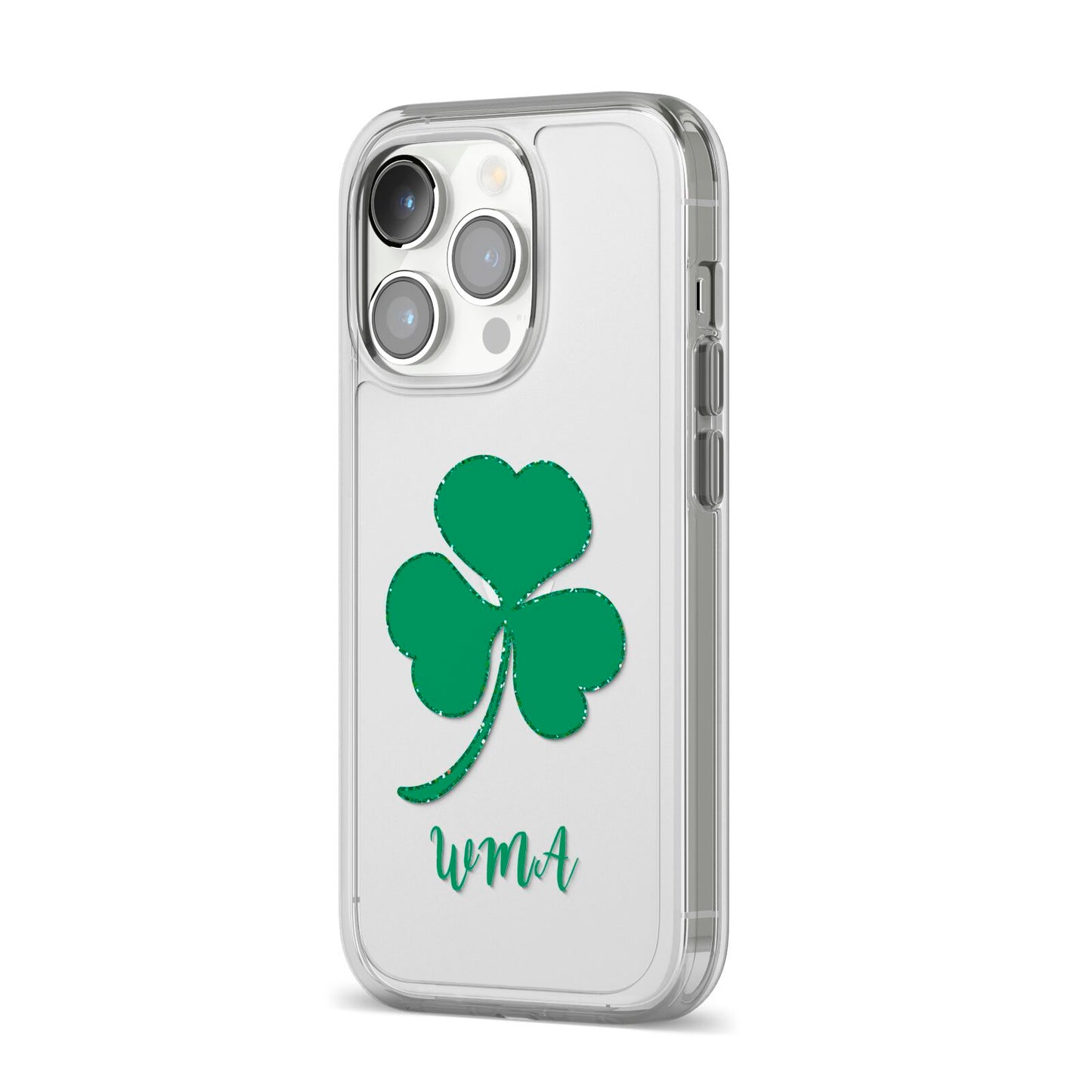 Initialled Shamrock Custom iPhone 14 Pro Clear Tough Case Silver Angled Image