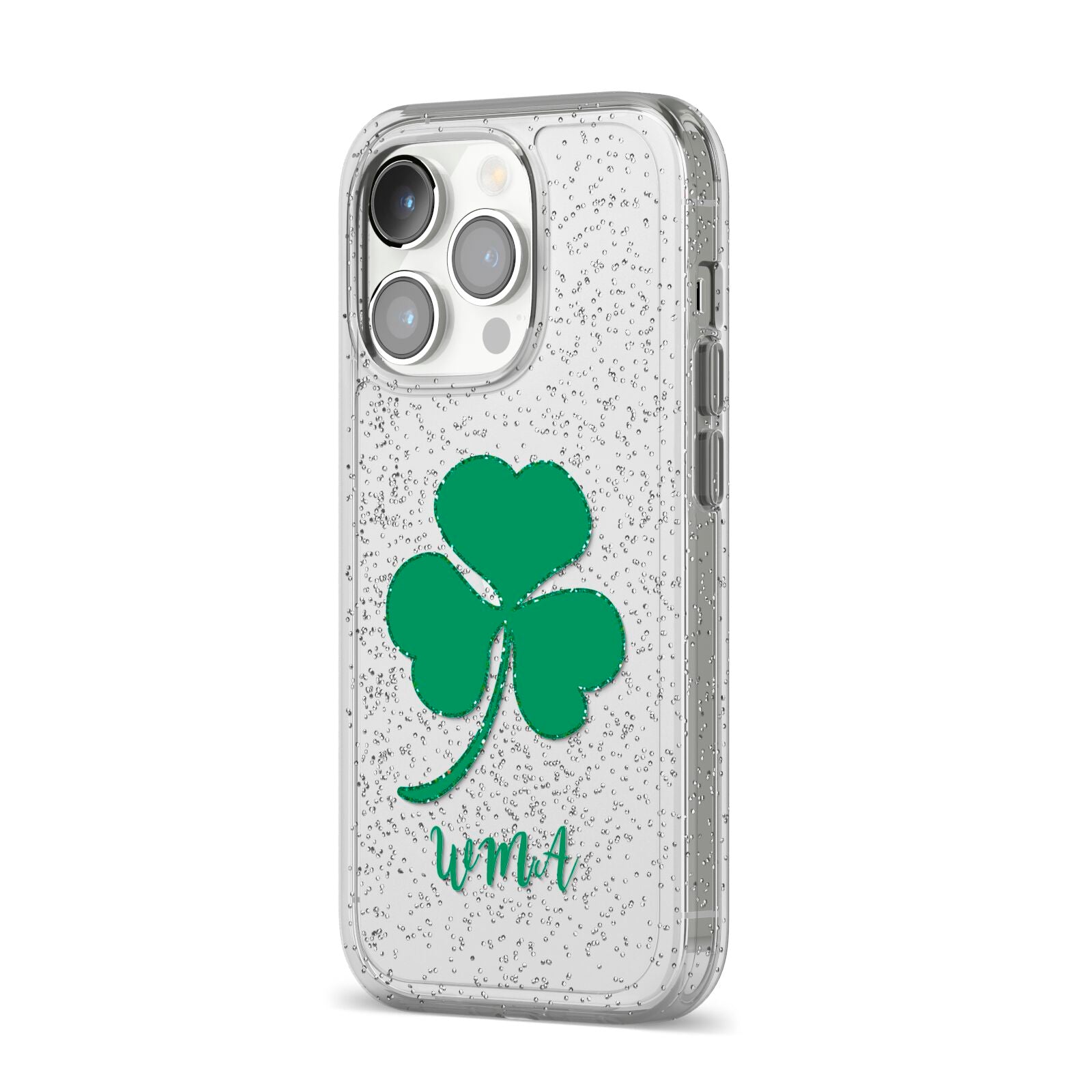 Initialled Shamrock Custom iPhone 14 Pro Glitter Tough Case Silver Angled Image