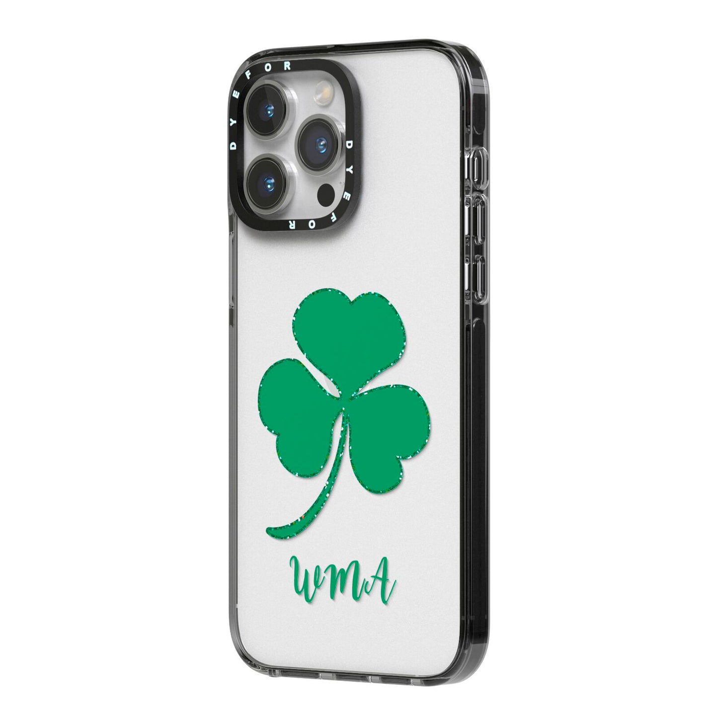 Initialled Shamrock Custom iPhone 14 Pro Max Black Impact Case Side Angle on Silver phone