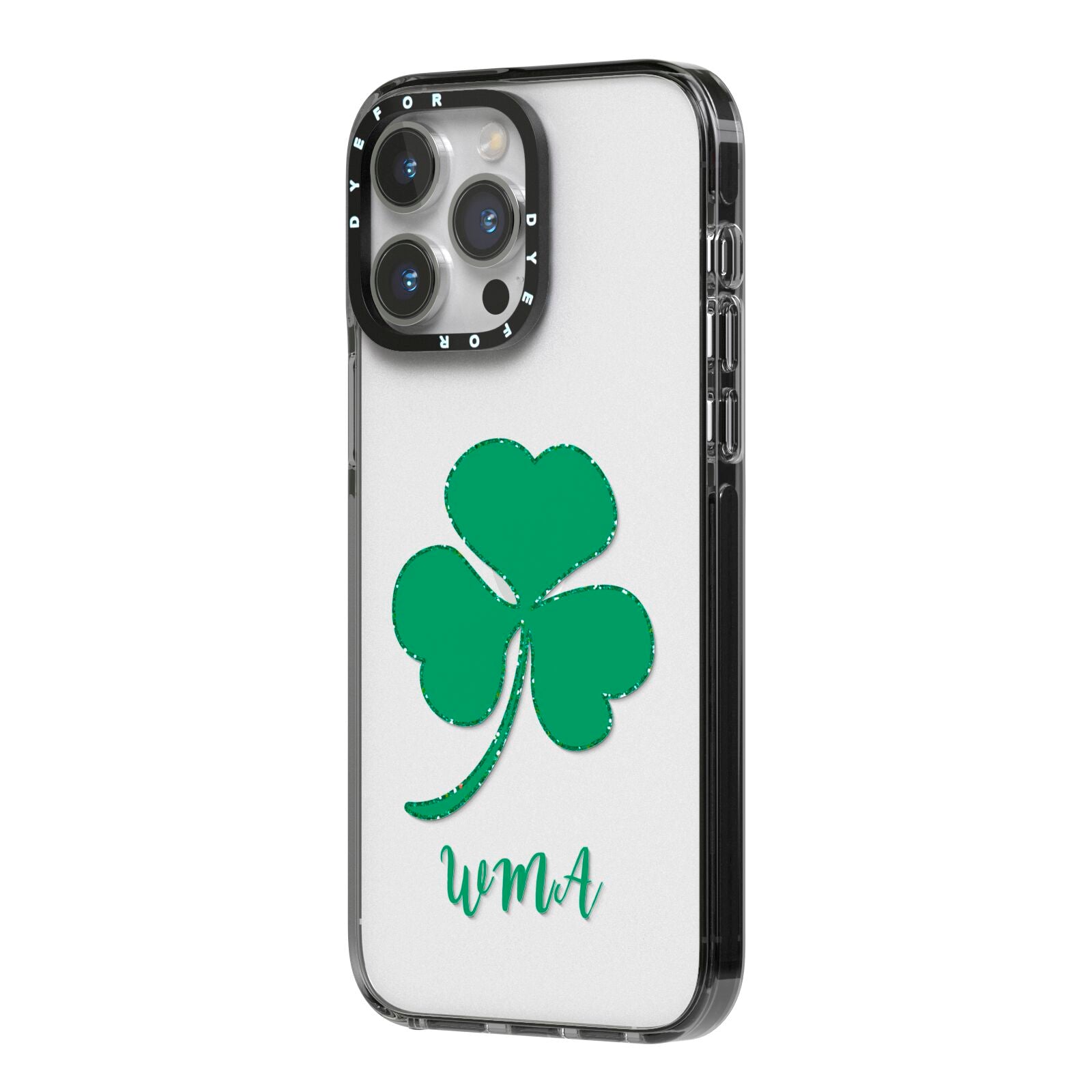 Initialled Shamrock Custom iPhone 14 Pro Max Black Impact Case Side Angle on Silver phone