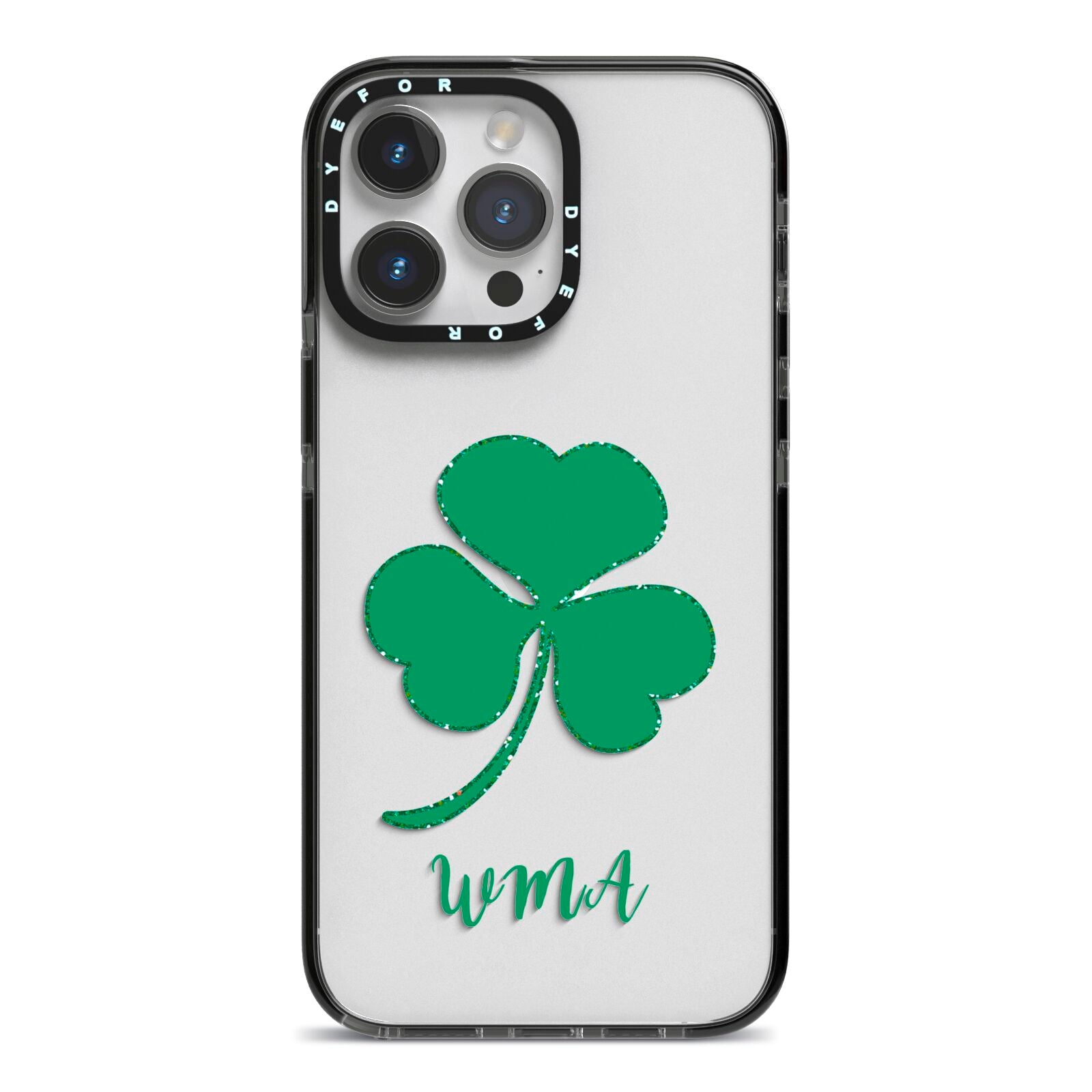Initialled Shamrock Custom iPhone 14 Pro Max Black Impact Case on Silver phone