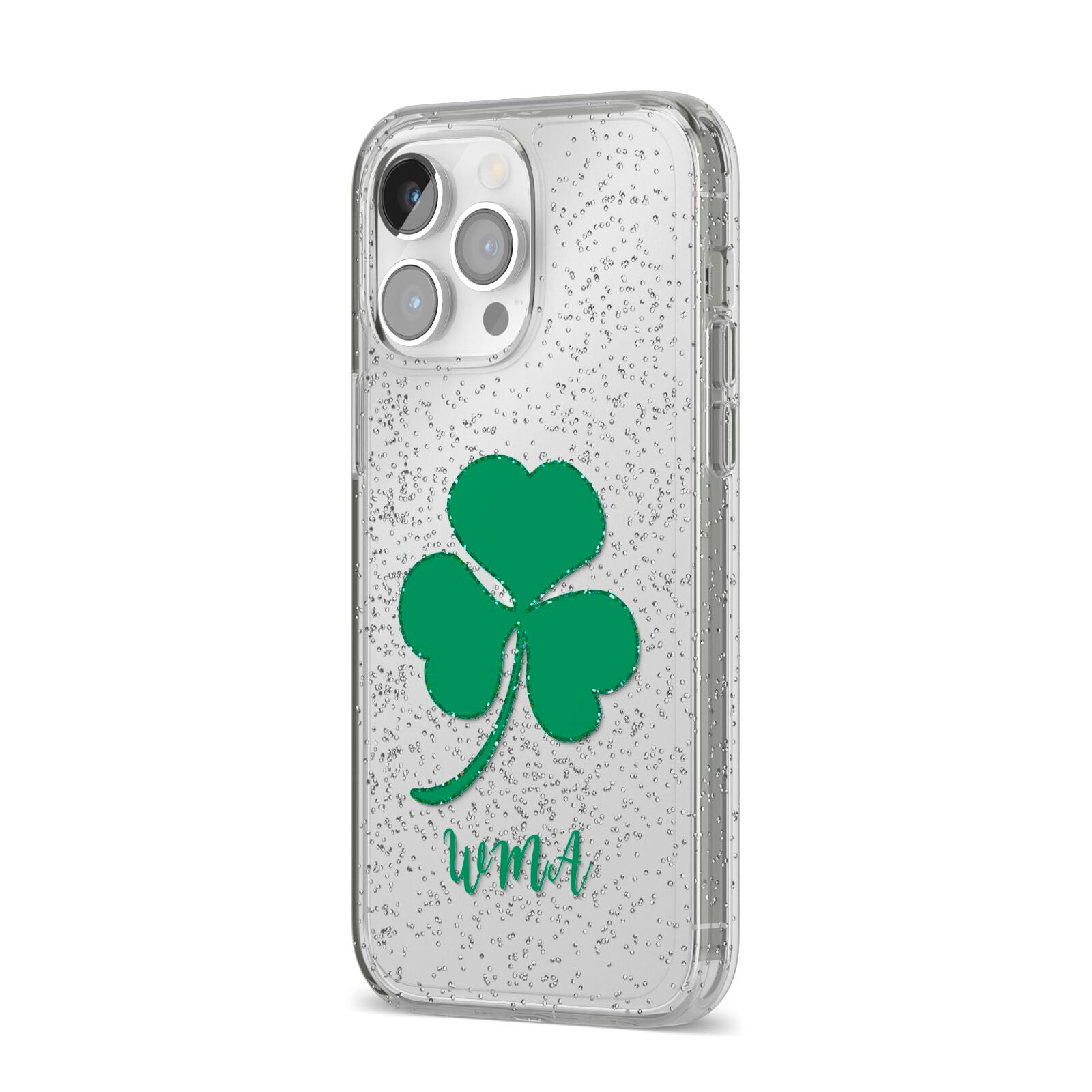 Initialled Shamrock Custom iPhone 14 Pro Max Glitter Tough Case Silver Angled Image