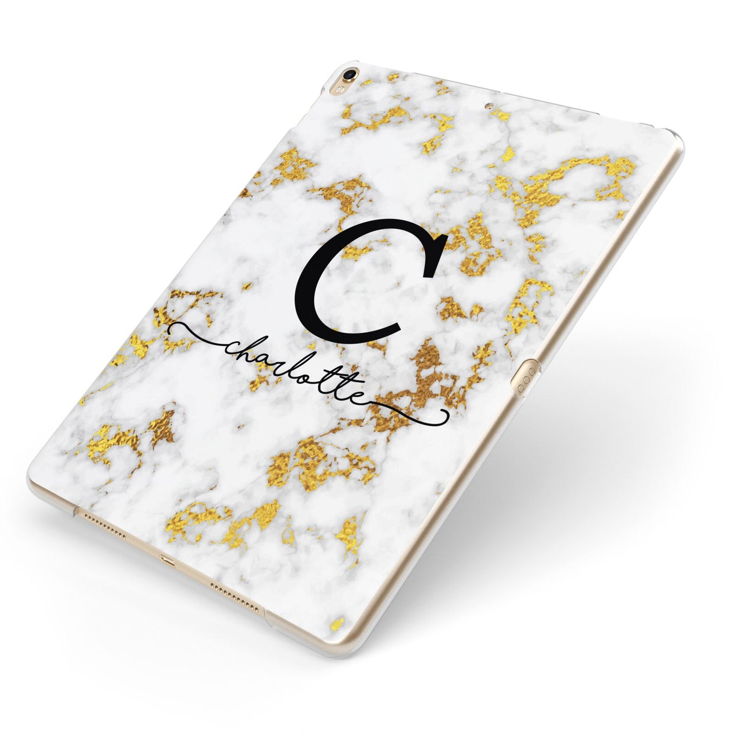 Initialled White Gold Marble with Name Apple iPad Case on Gold iPad Side View